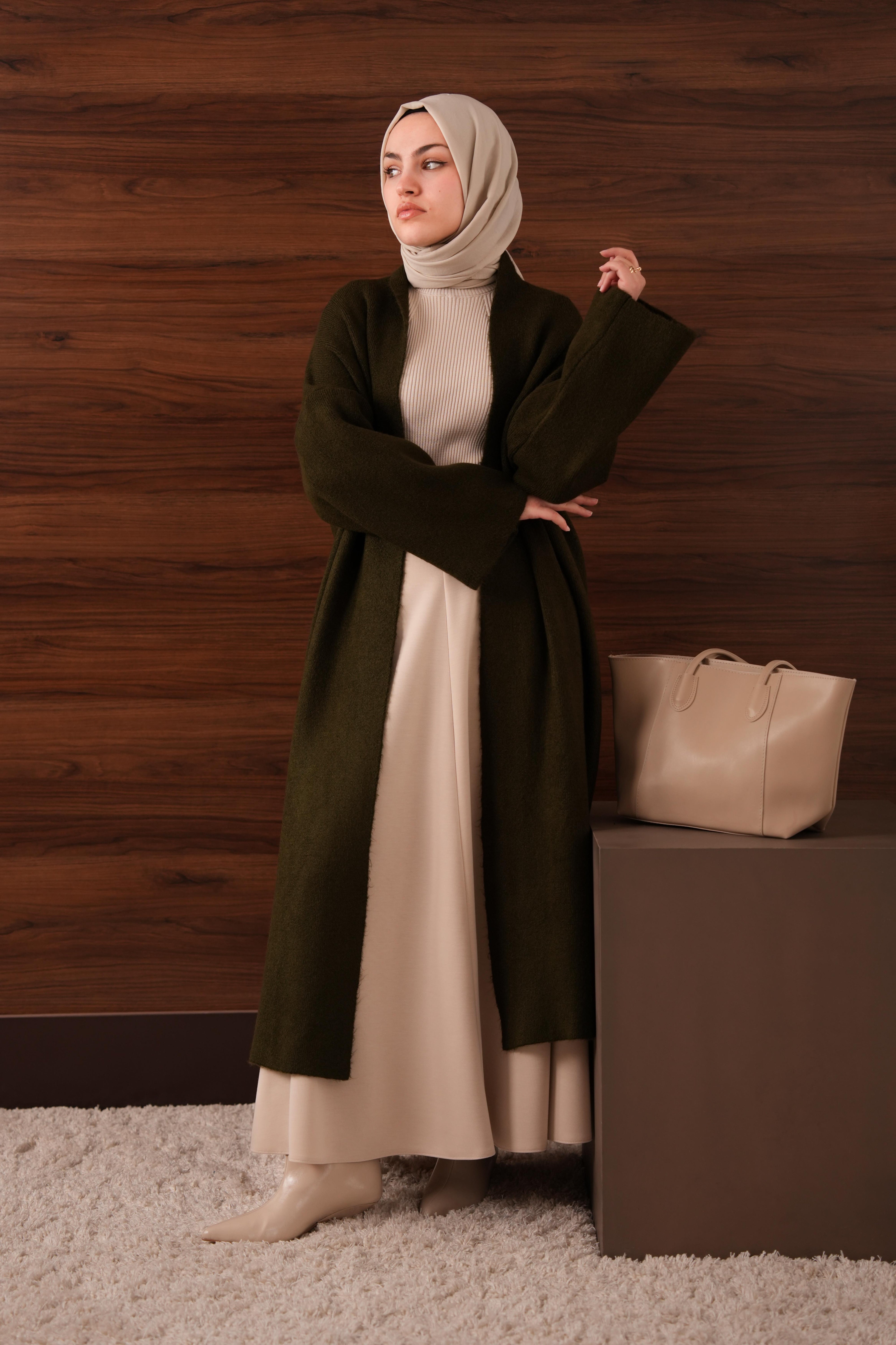 Kaşmir Dokulu Uzun Hırka Haki Yeşil