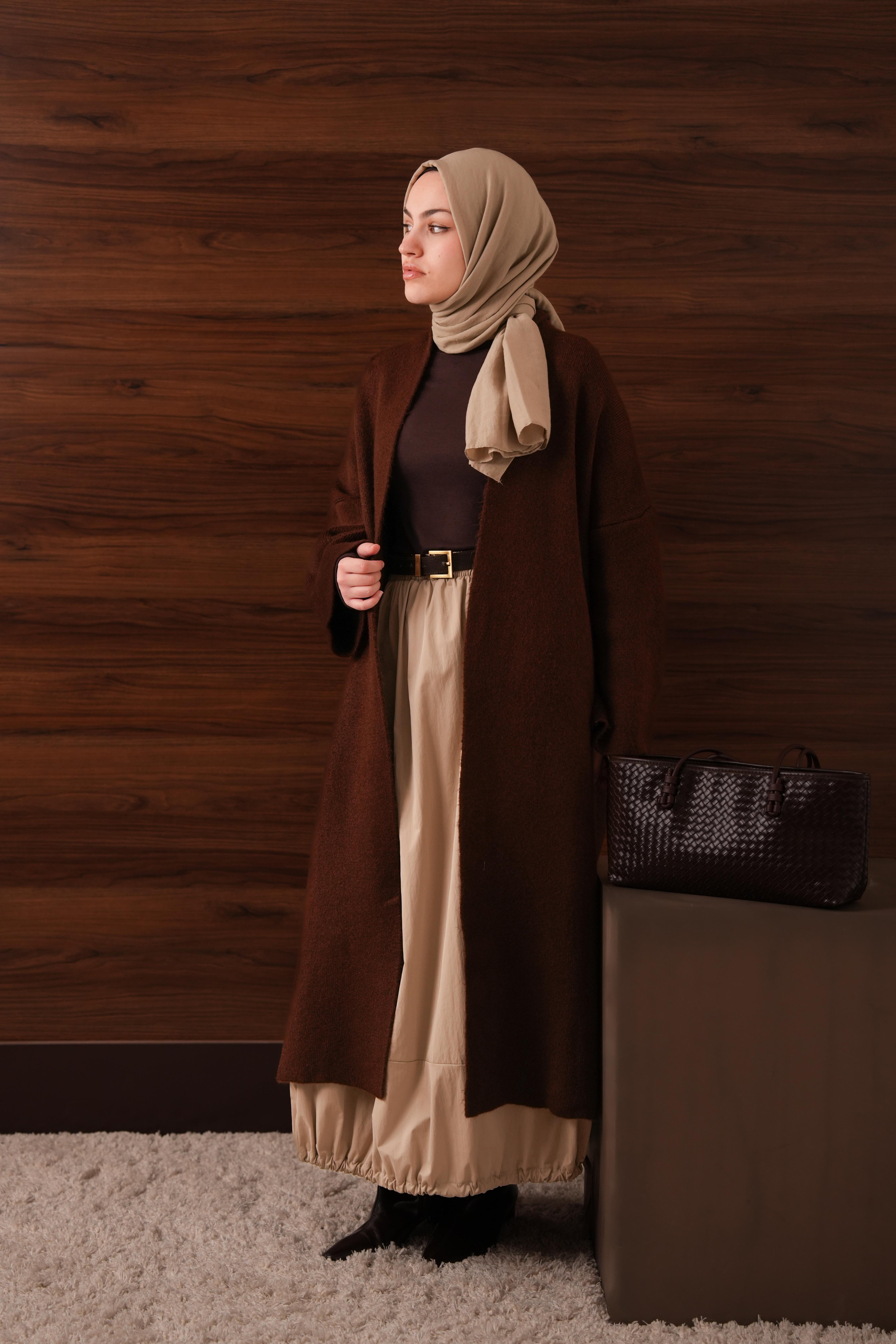 Kaşmir Dokulu Uzun Hırka Kahverengi