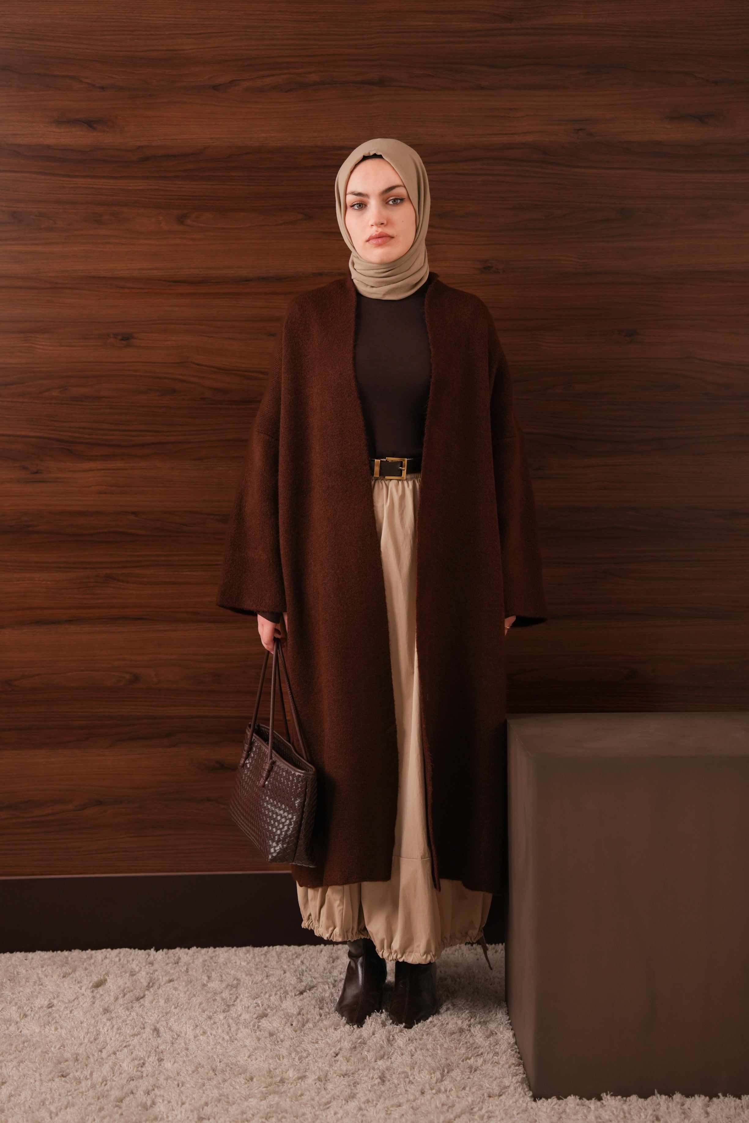 Kaşmir Dokulu Uzun Hırka KAHVERENGİ