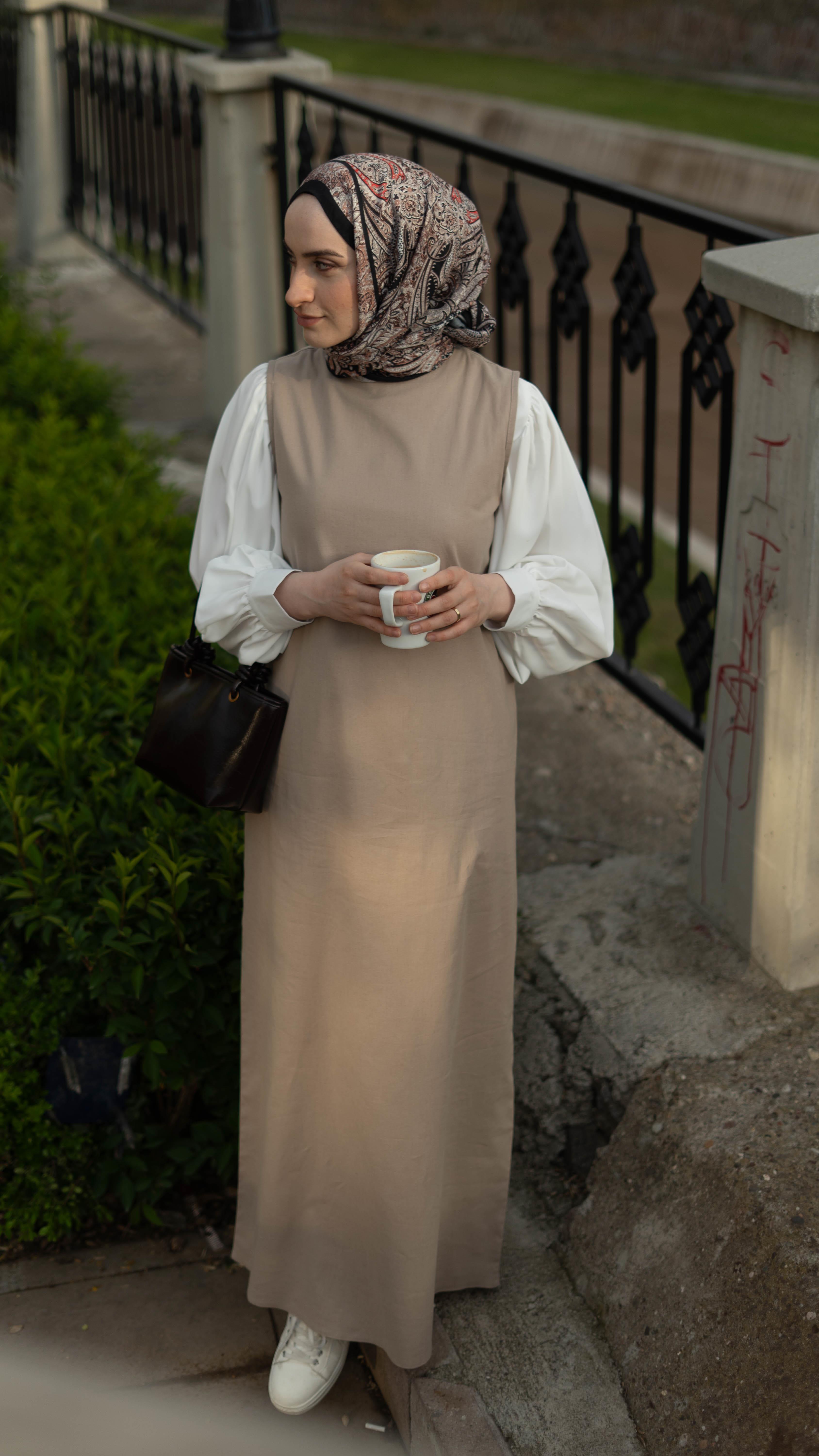 Pamuk Keten Kolsuz Elbise BEJ