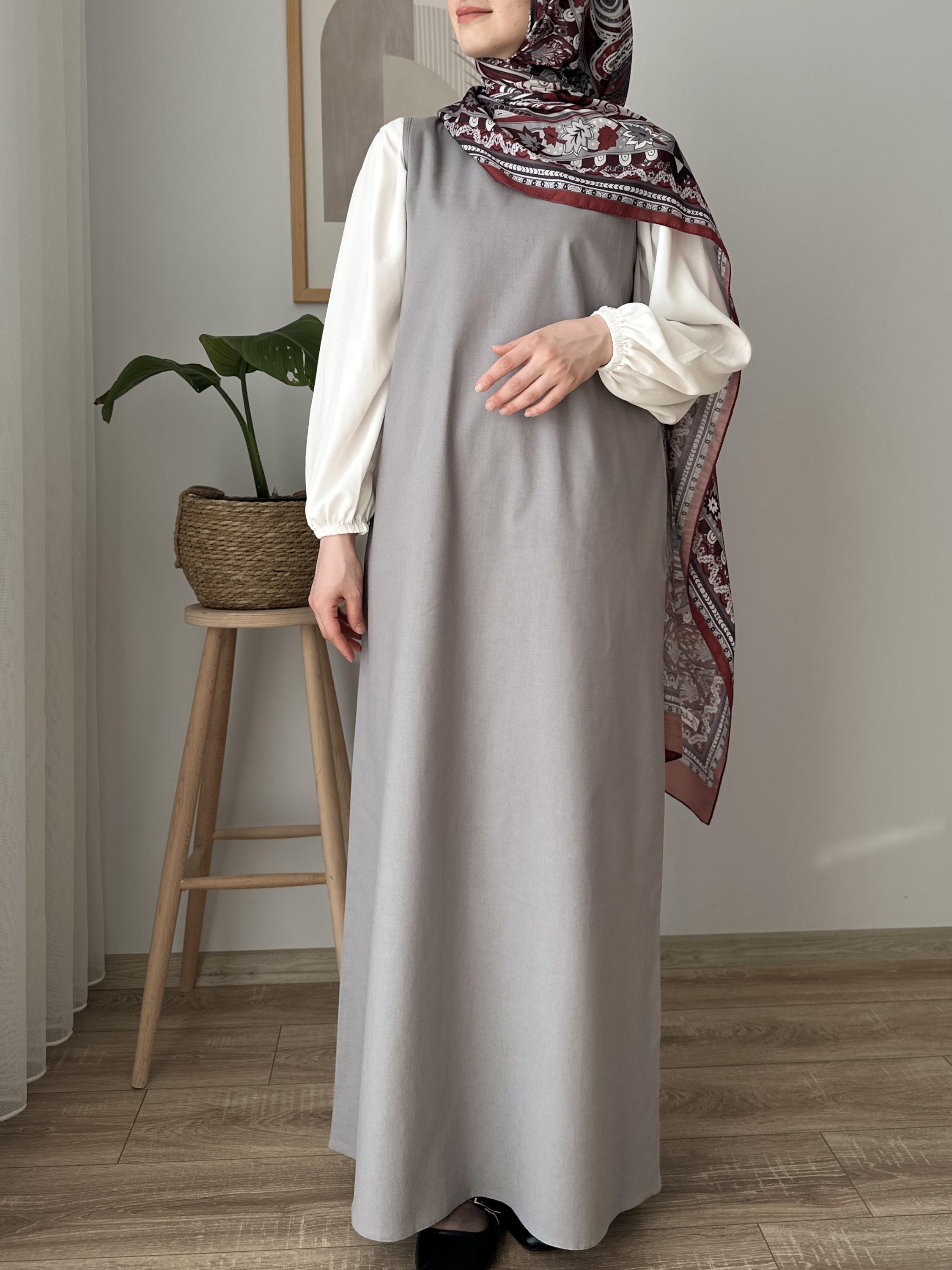 Pamuk Keten Kolsuz Elbise GRİ