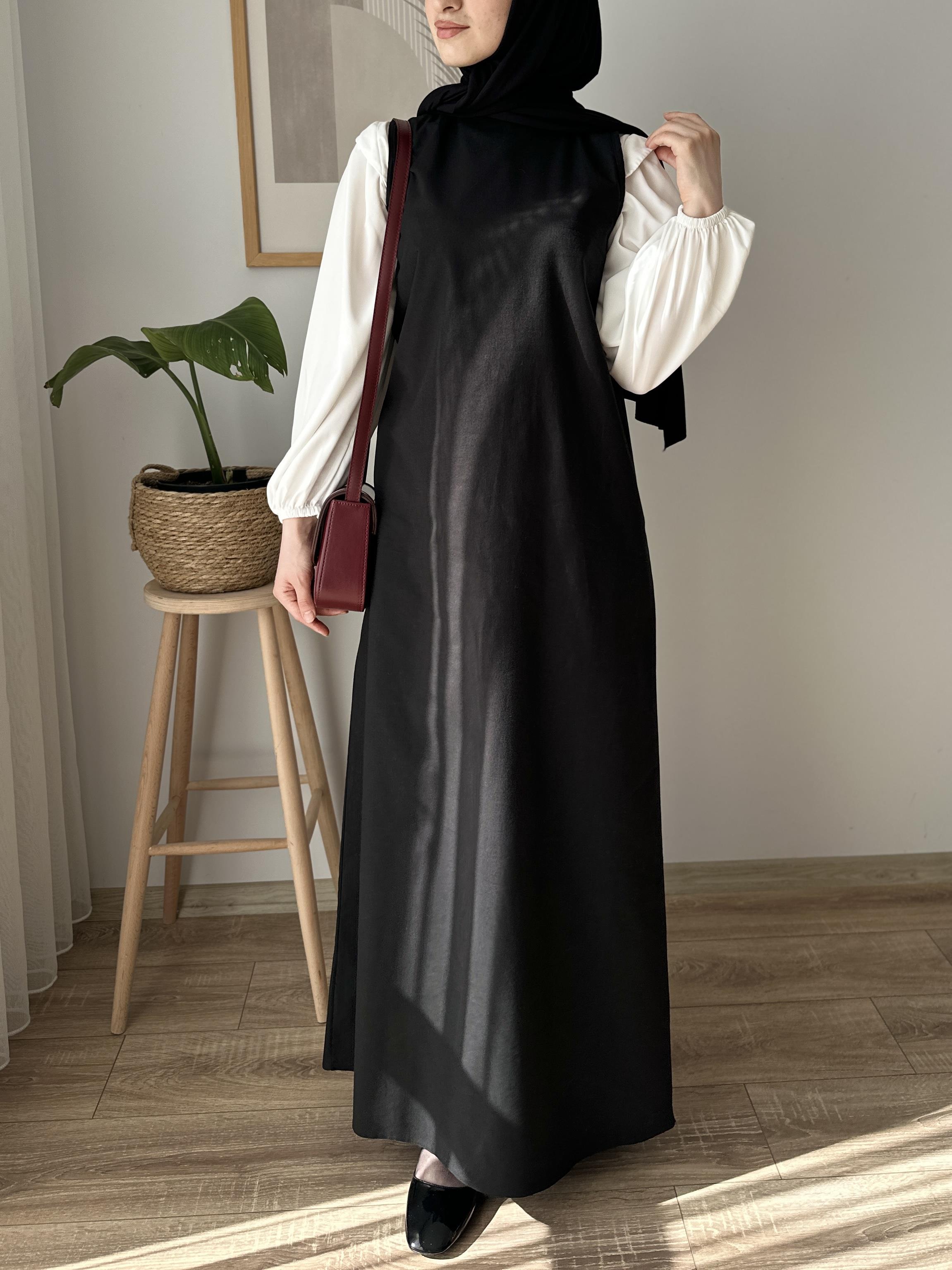 Pamuk Keten Kolsuz Elbise Siyah