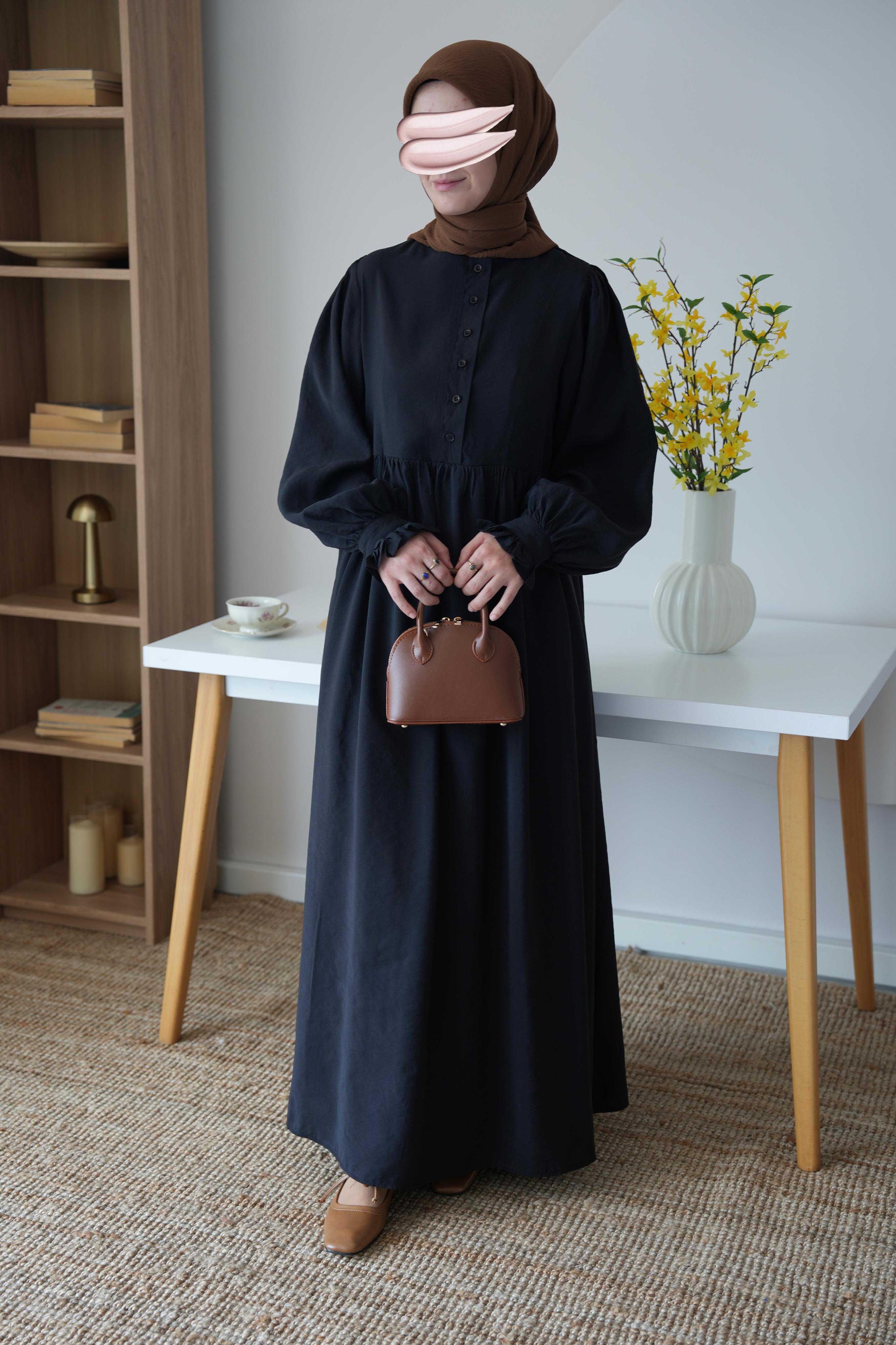 Modal Büzgülü Elbise SİYAH