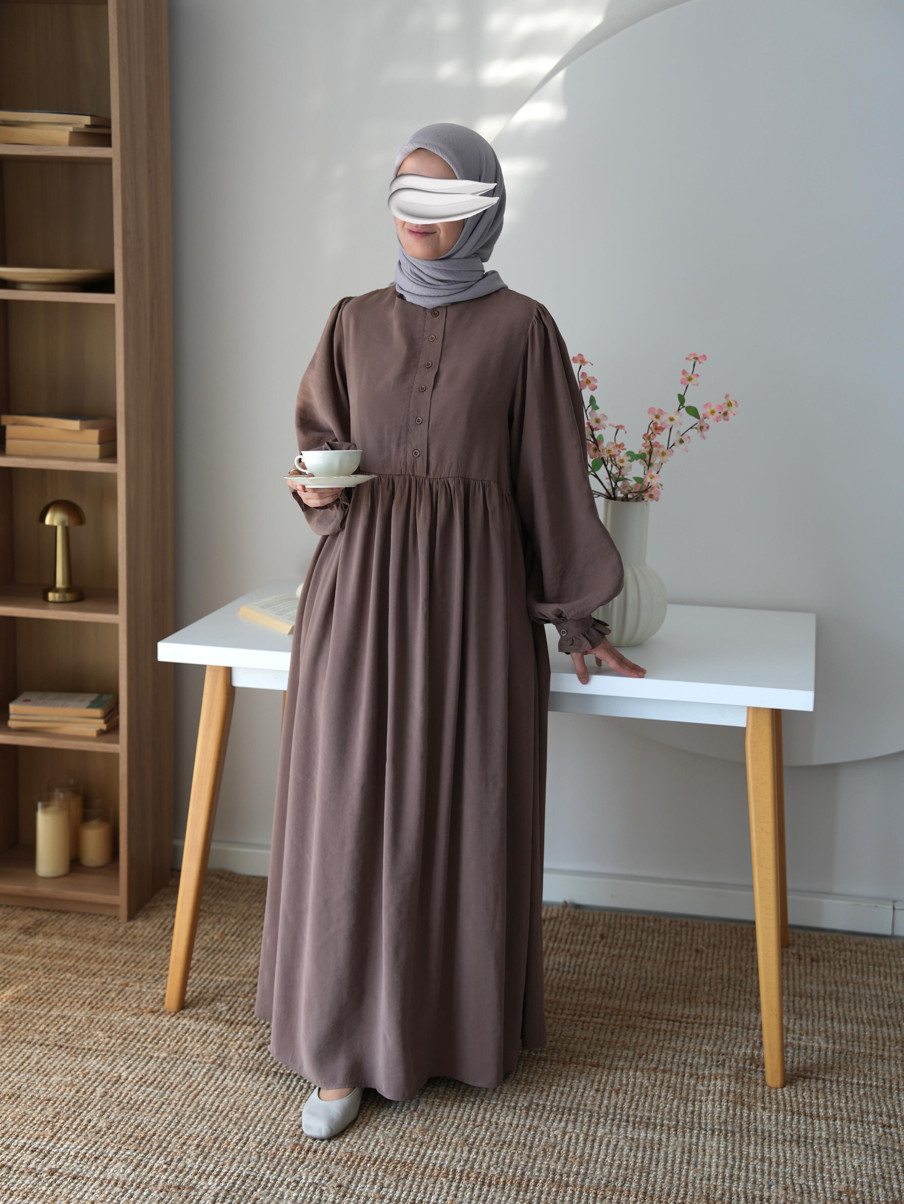 Modal Büzgülü Elbise Vizon