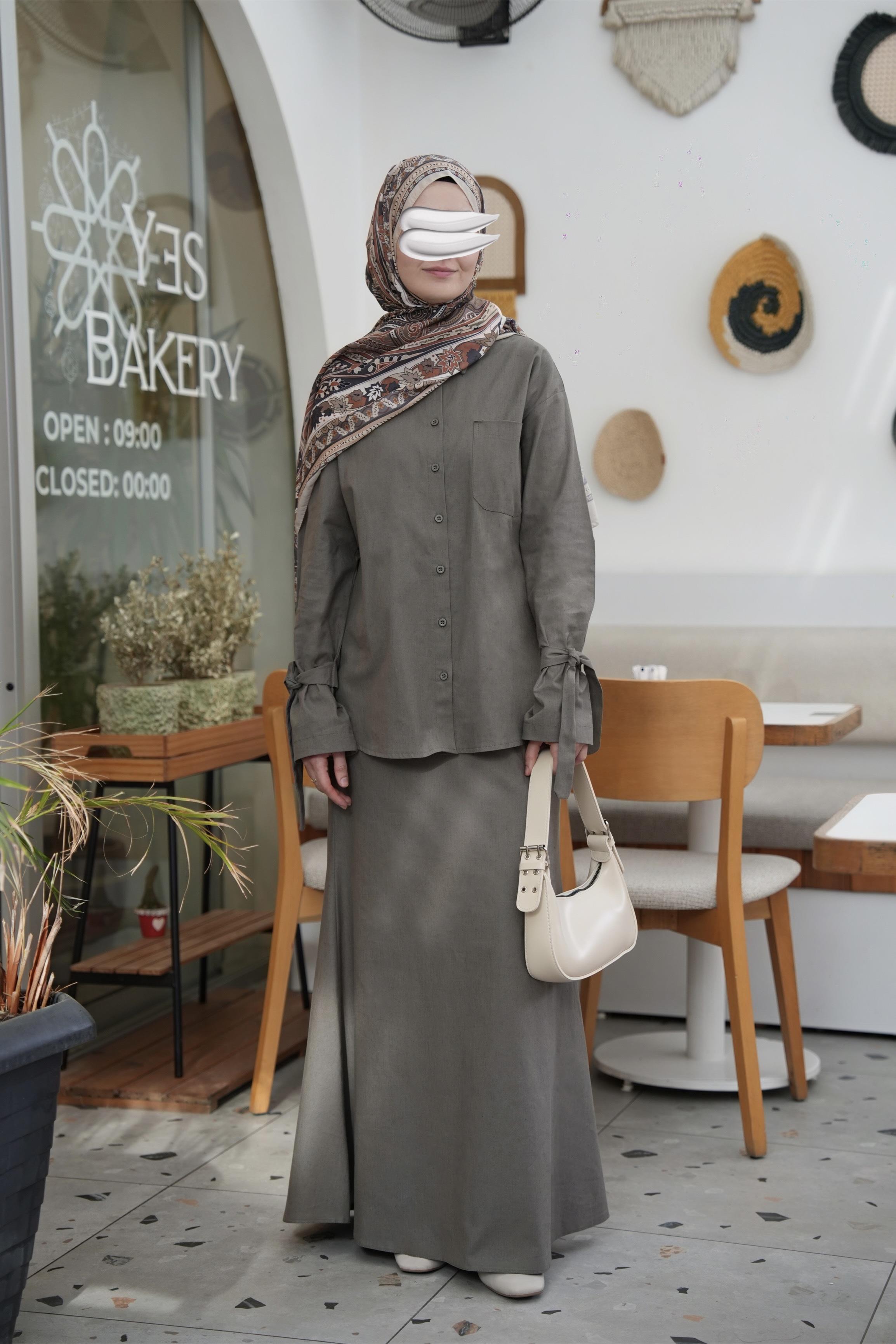 Pamuk Keten Etekli Takım Haki Yeşil