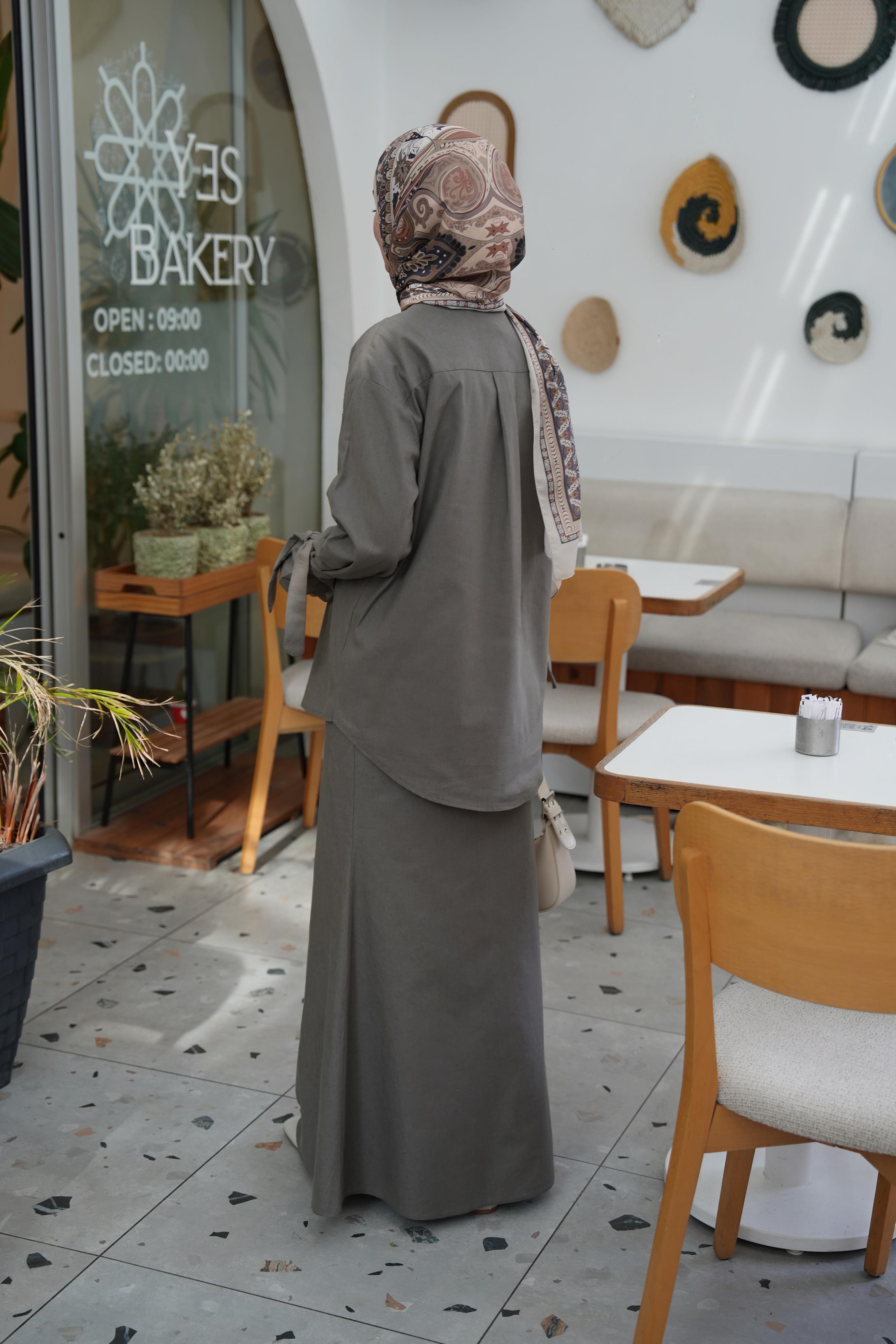 Pamuk Keten Etekli Takım Haki Yeşil