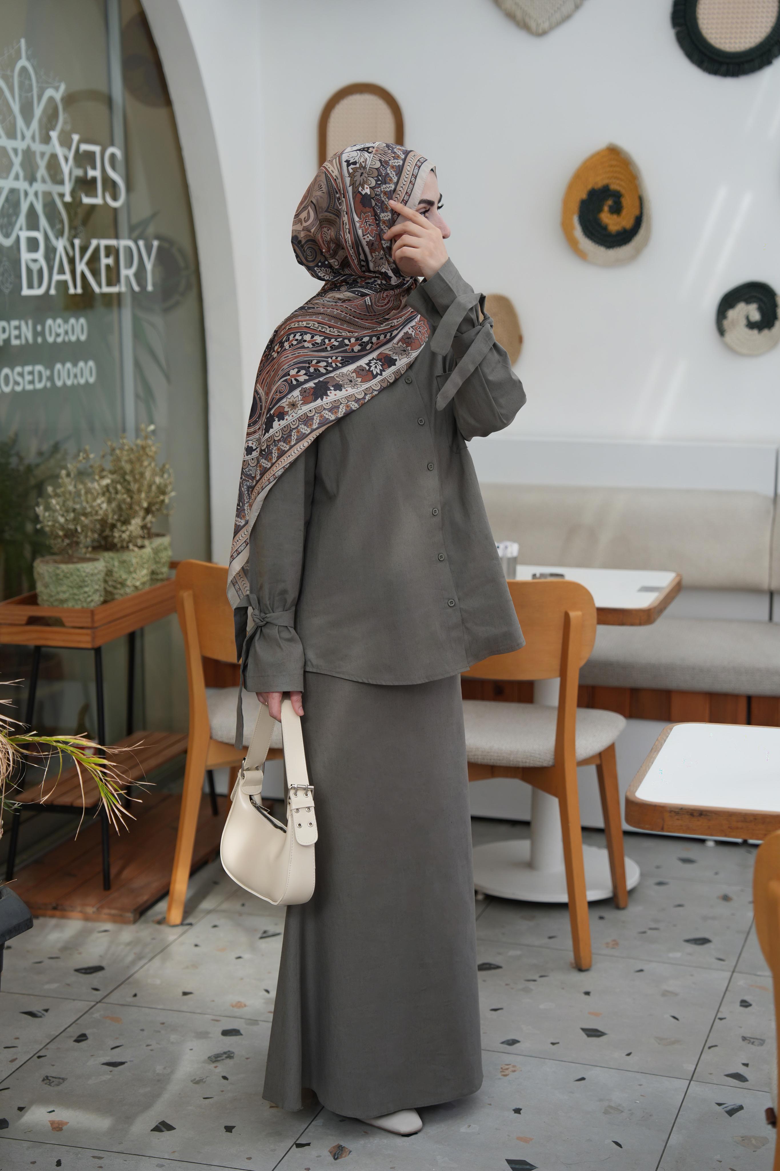 Pamuk Keten Etekli Takım Haki Yeşil