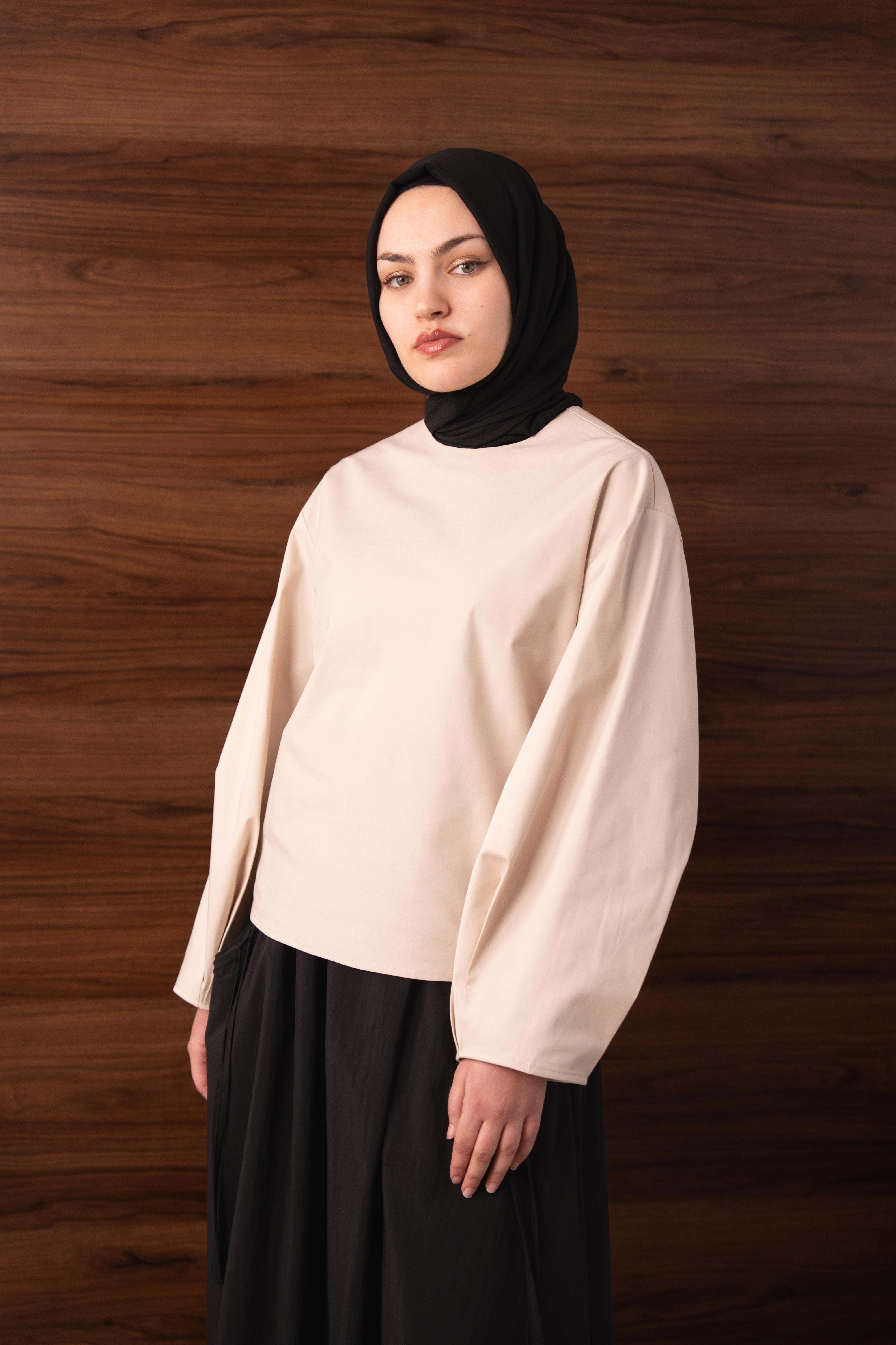 Pile Detaylı Balon Kol Bluz Krem