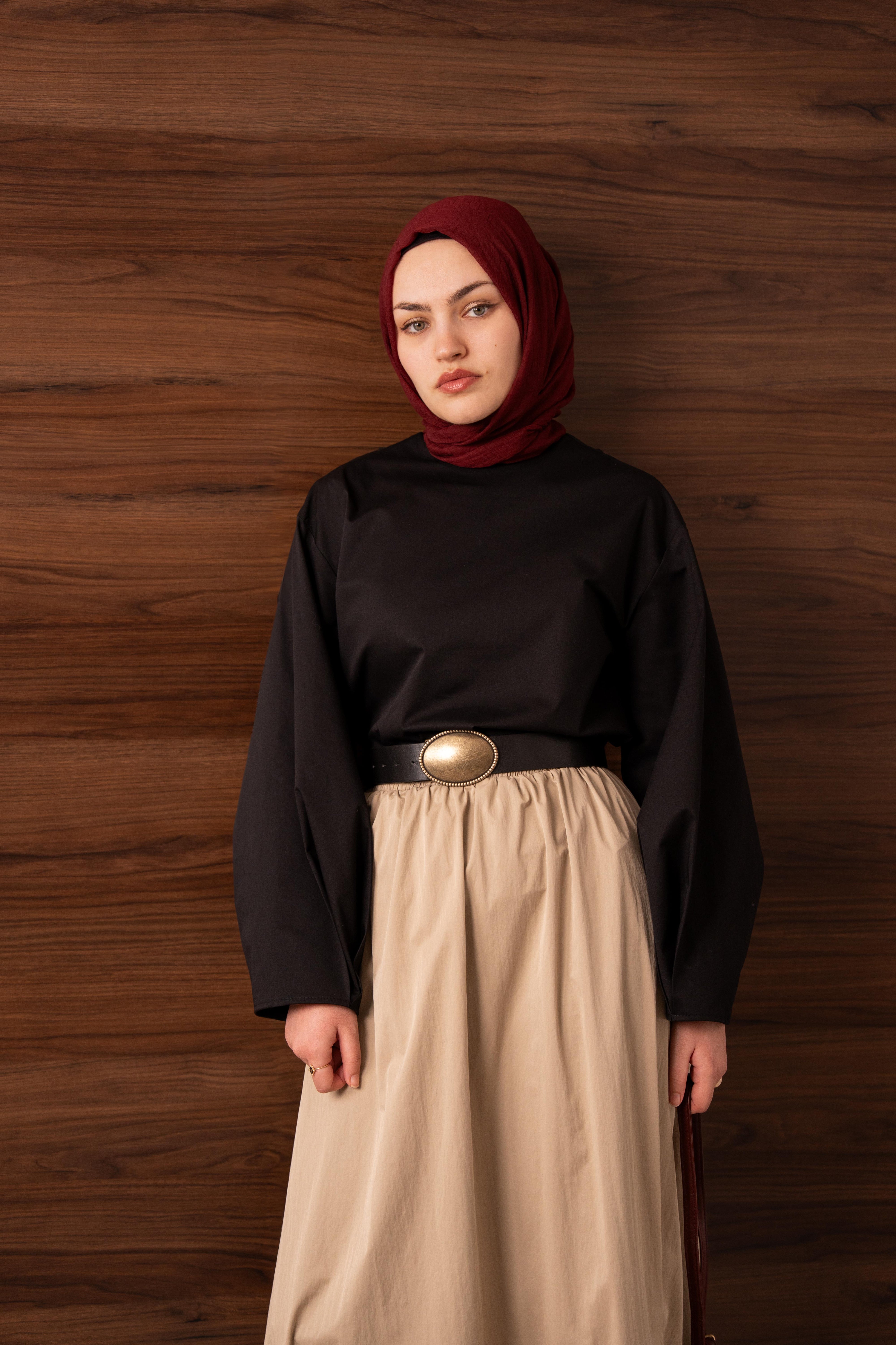 Pile Detaylı Balon Kol Bluz Siyah