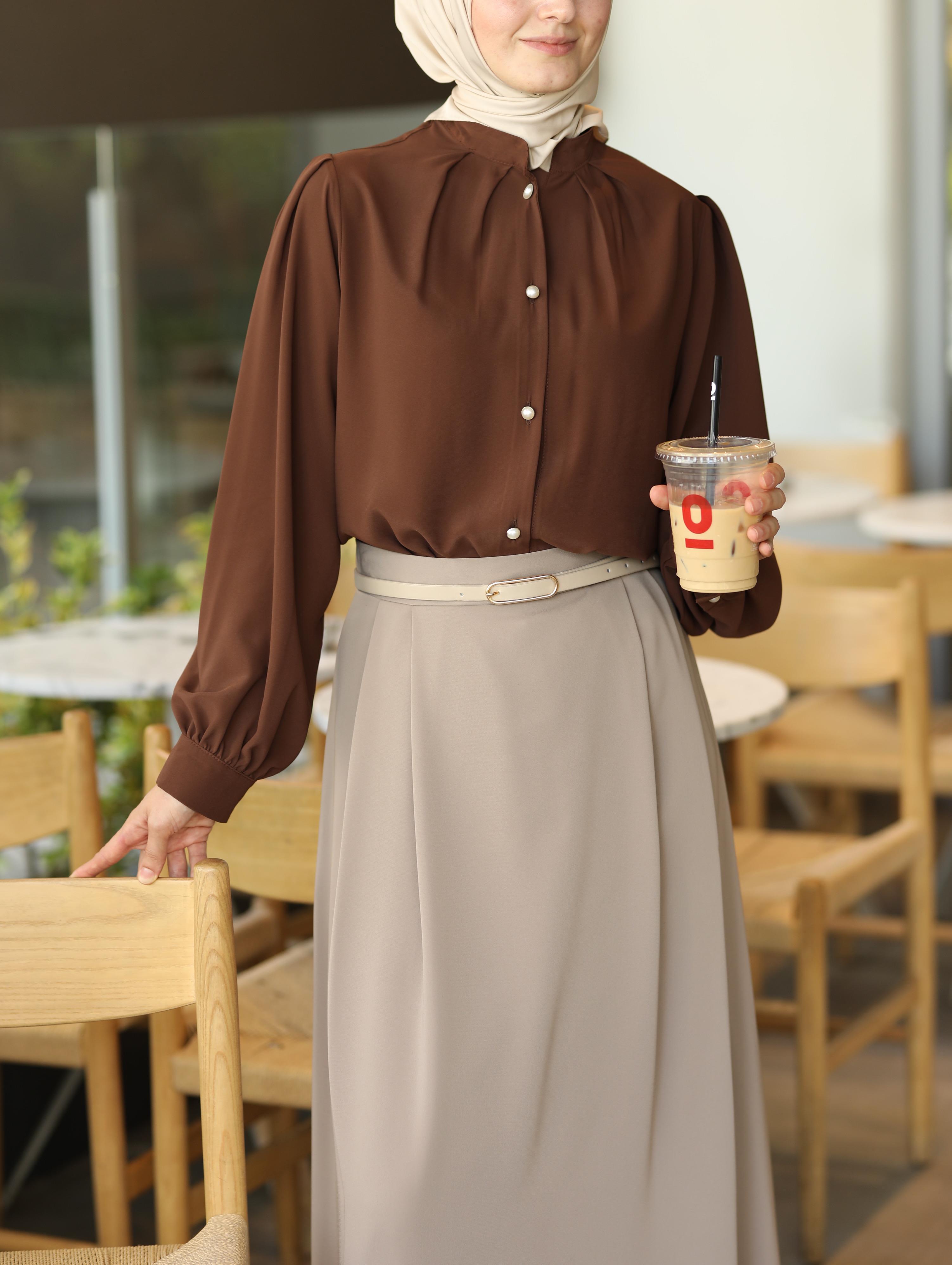 Pile Detaylı Gömlek KAHVERENGİ