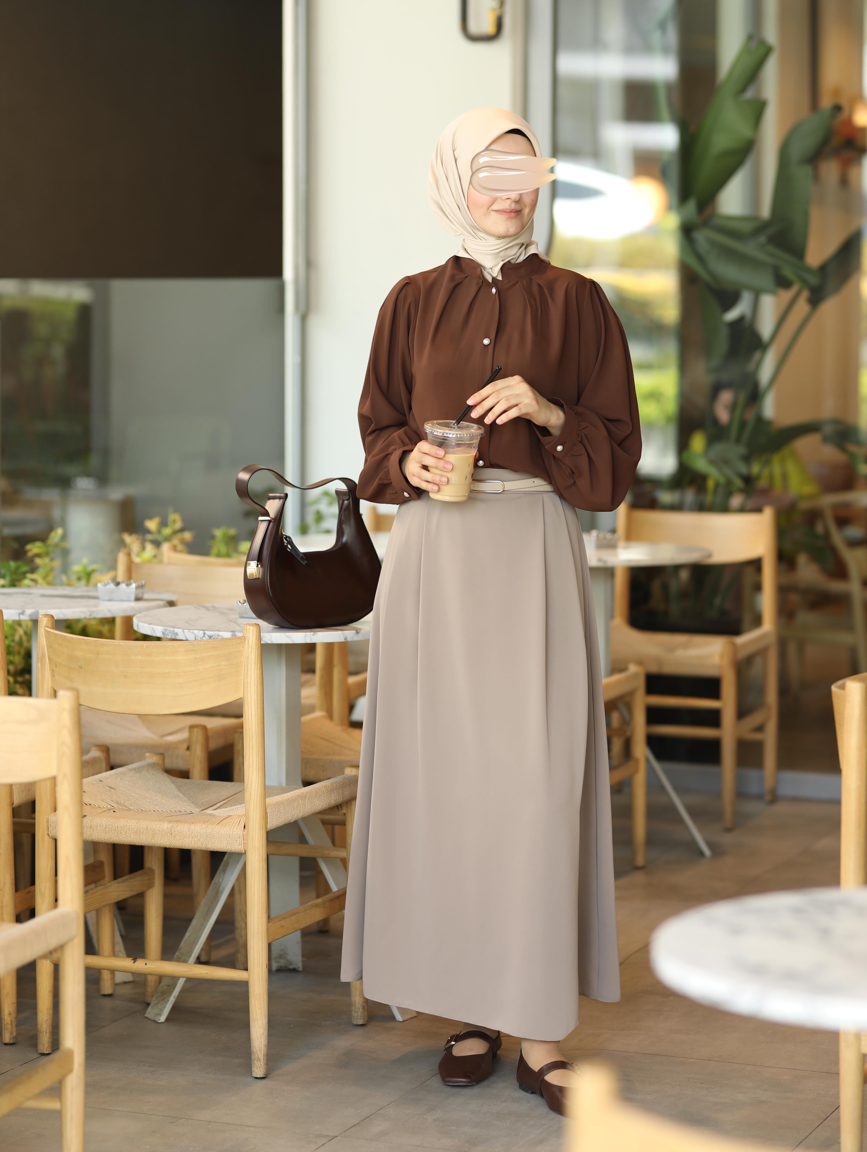 Pile Detaylı Gömlek KAHVERENGİ