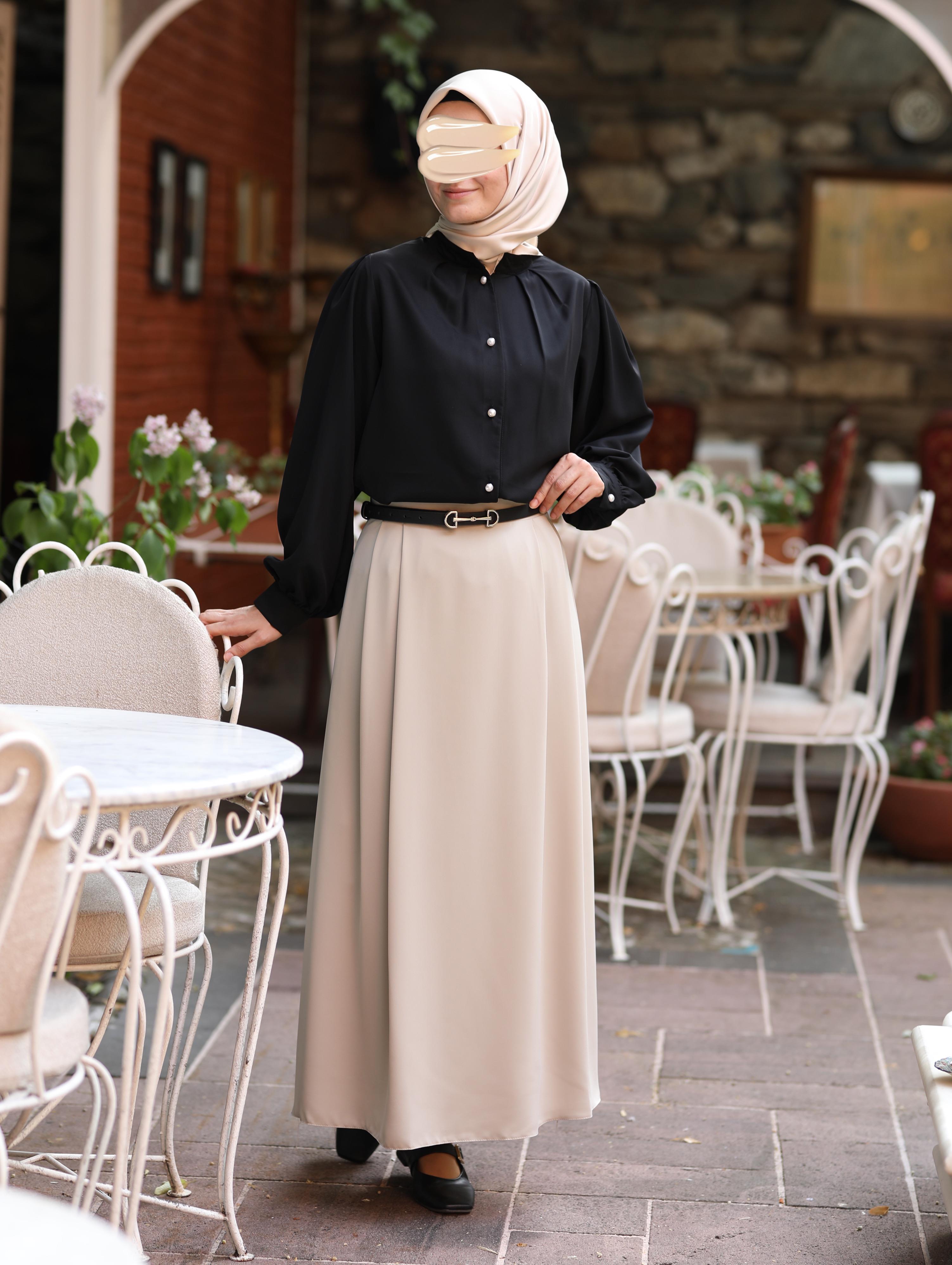 Pile Detaylı Gömlek SİYAH