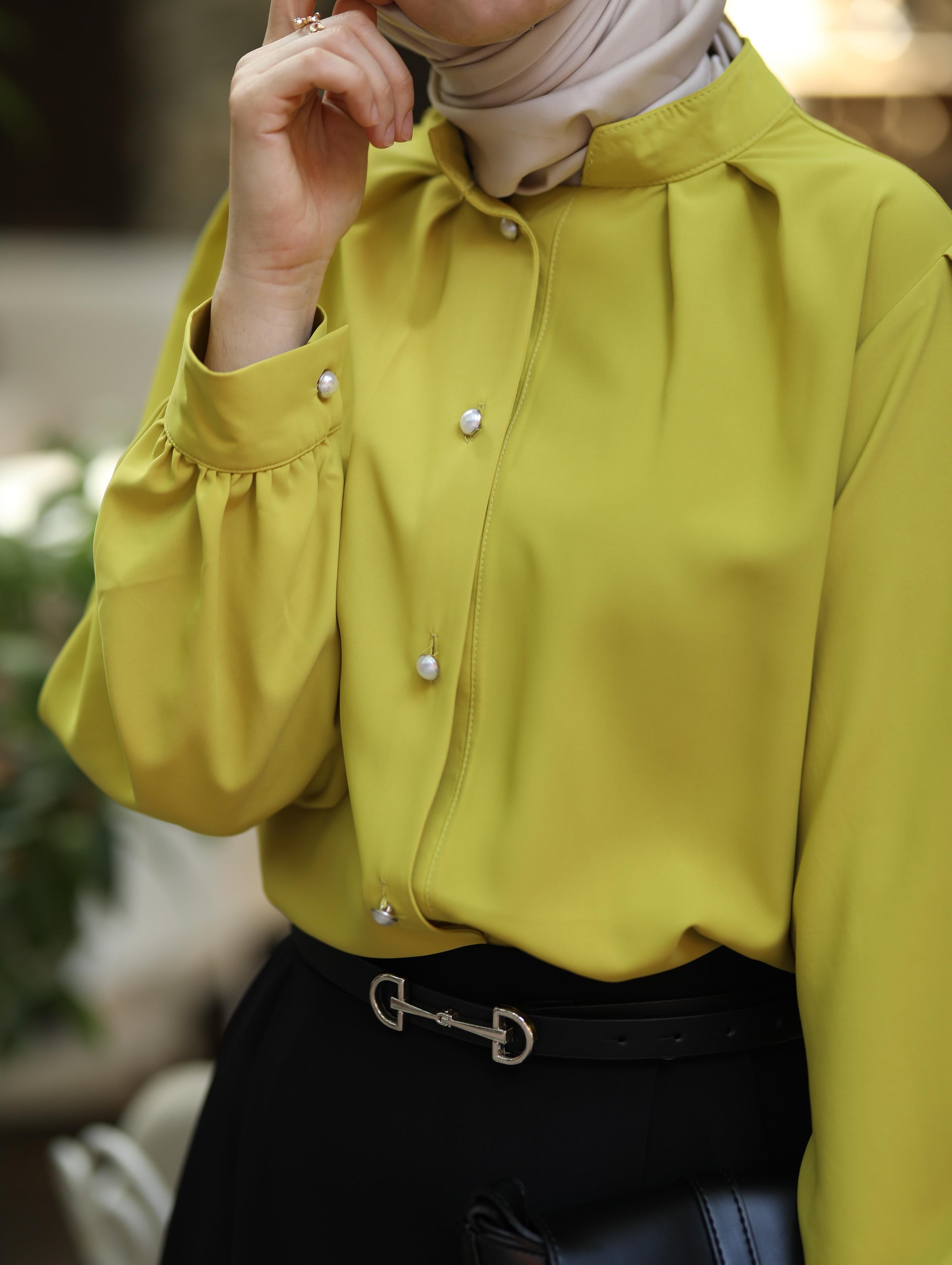 Pile Detaylı Gömlek YAĞ YEŞİLİ