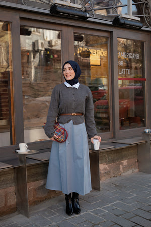 Çift Pileli Gabardin Etek MAVİ