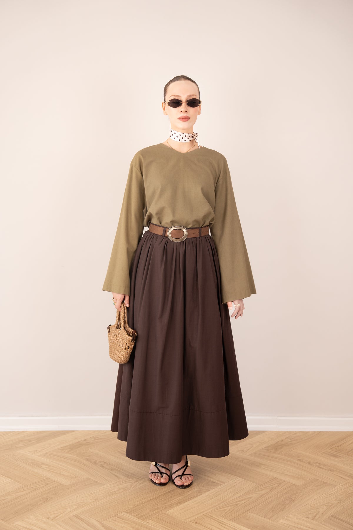 Büzgülü Poplin Etek KAHVERENGİ