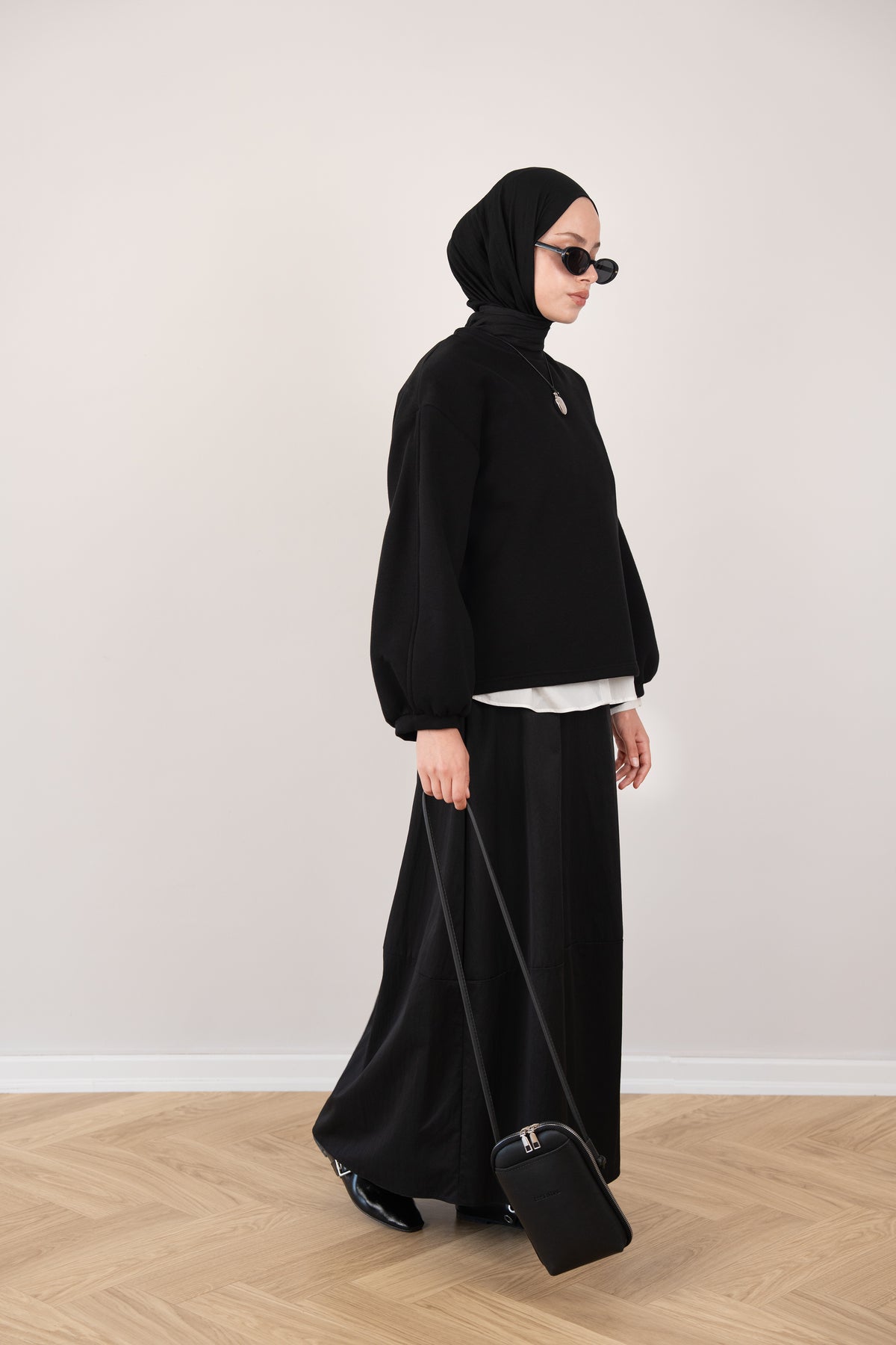 Bomber Kollu Basıc Sweatshirt Siyah