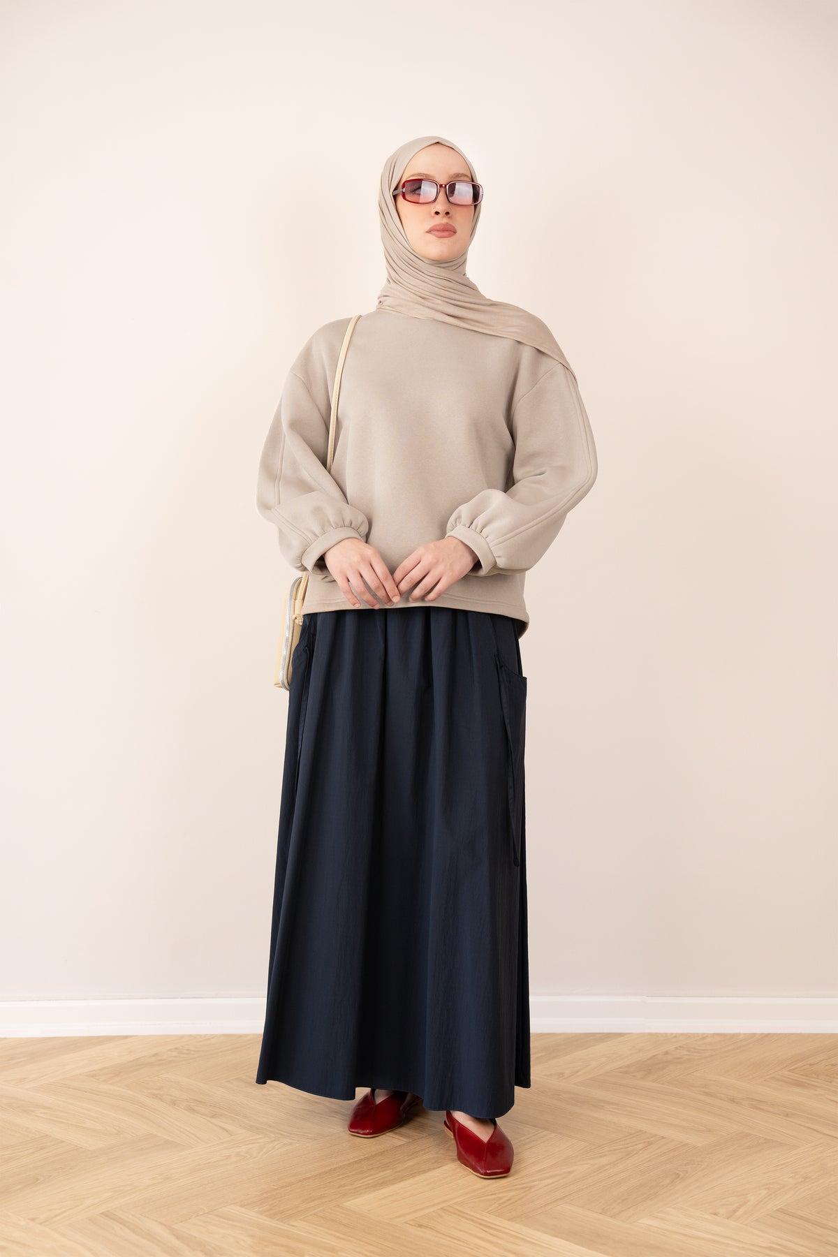 Bomber Kollu Basıc Sweatshirt BEJ