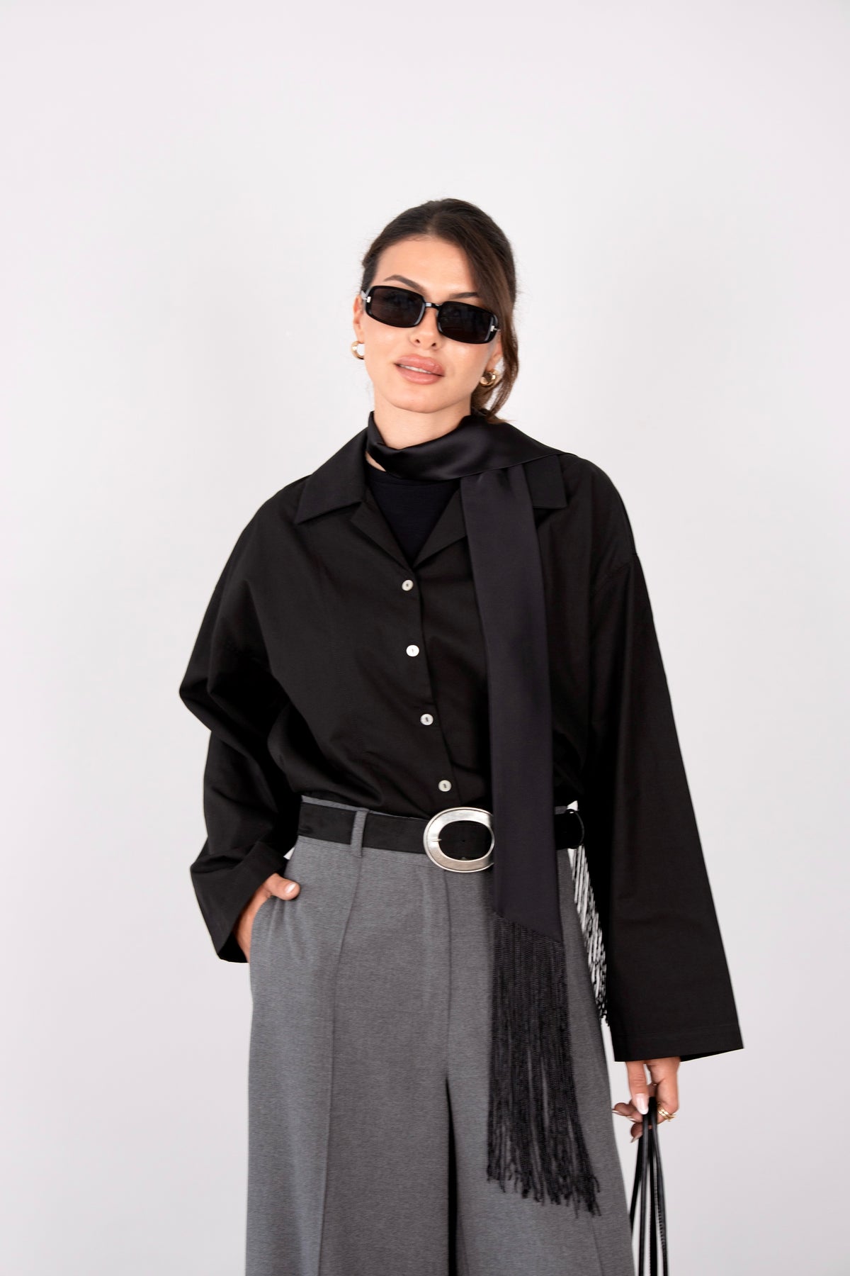 Pat Detaylı Oversize Gömlek SİYAH