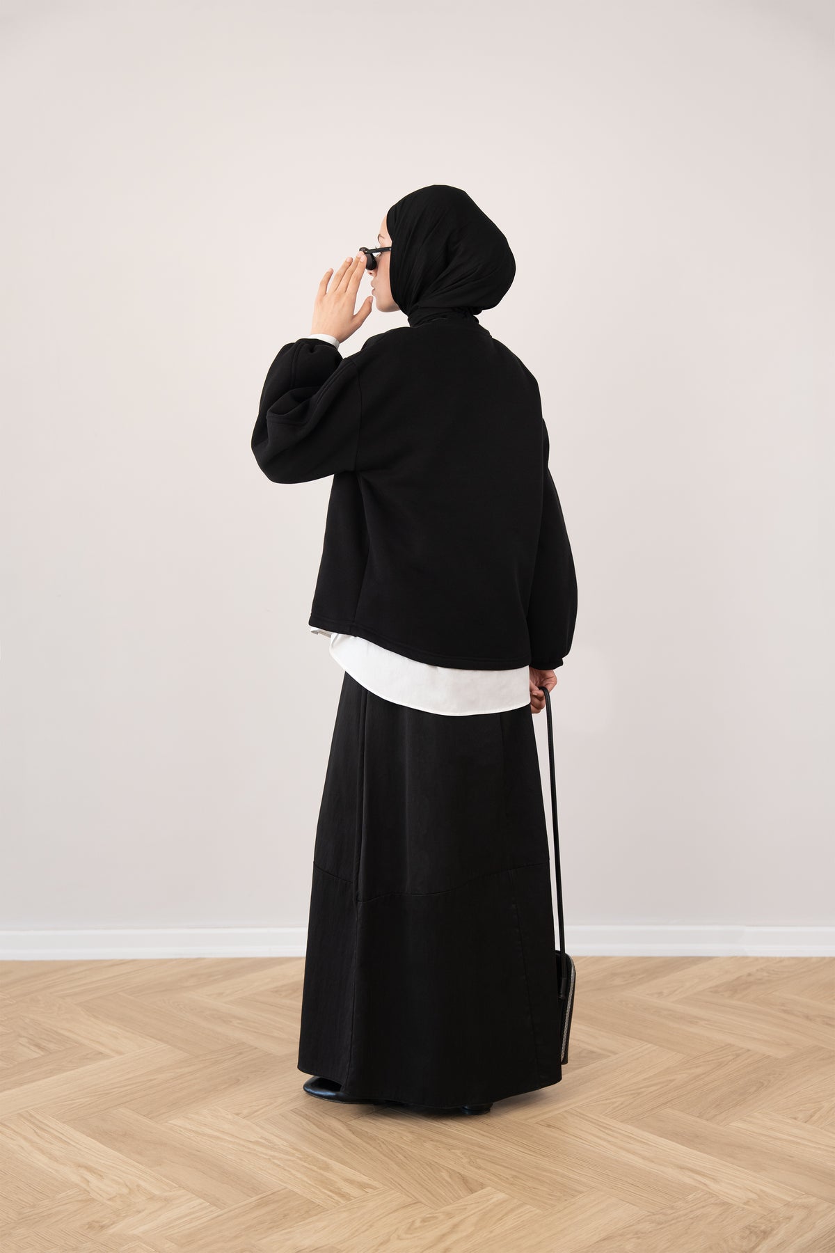 Bomber Kollu Basıc Sweatshirt Siyah