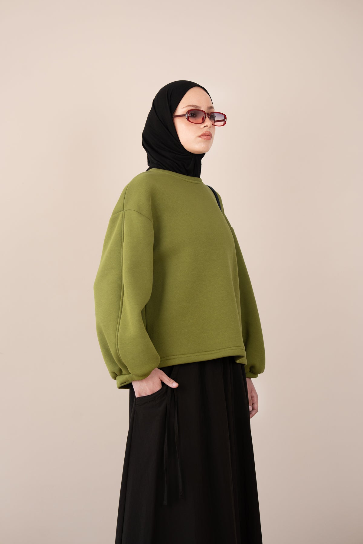 Bomber Kollu Basıc Sweatshirt YAĞ YEŞİLİ