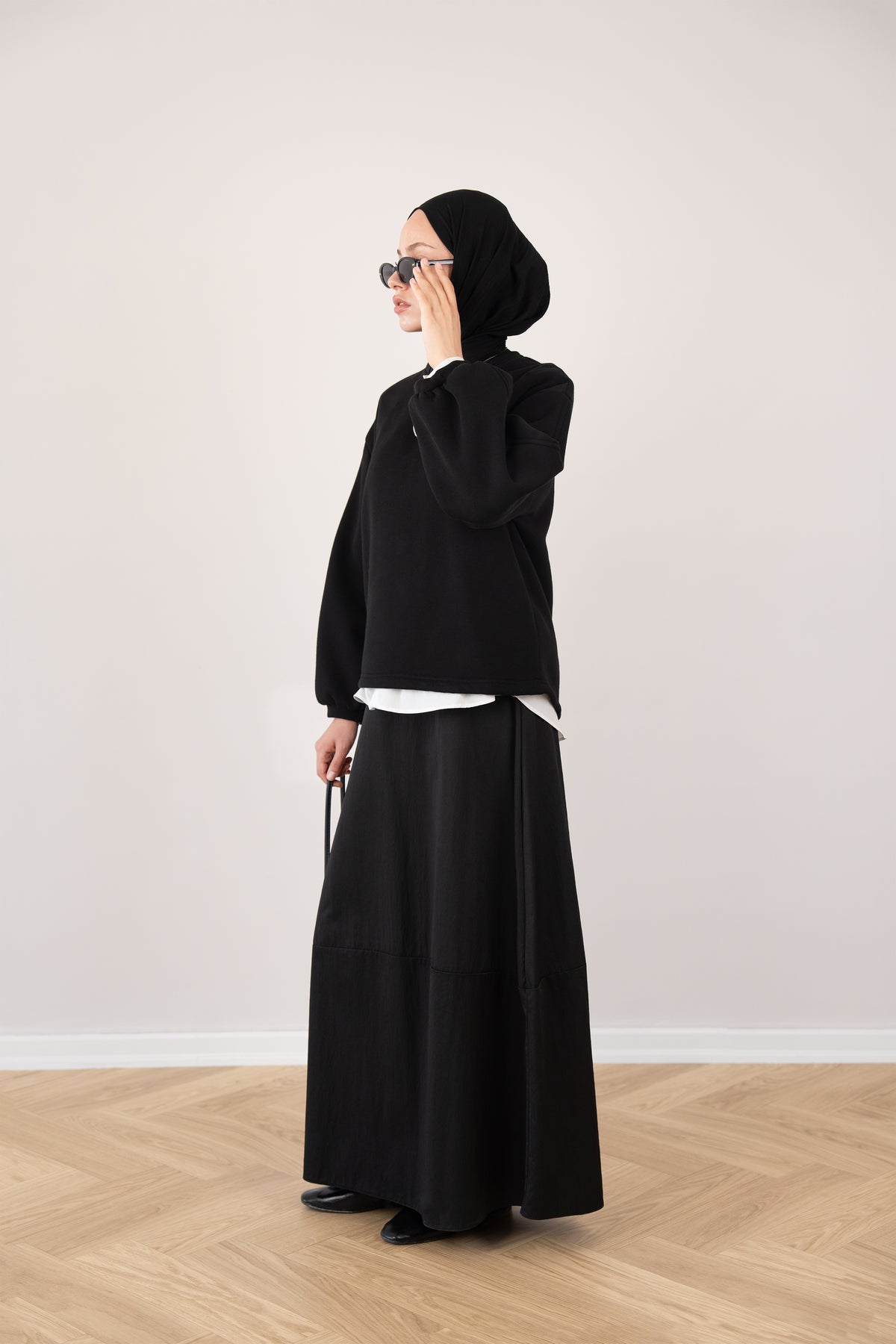 Bomber Kollu Basıc Sweatshirt Siyah