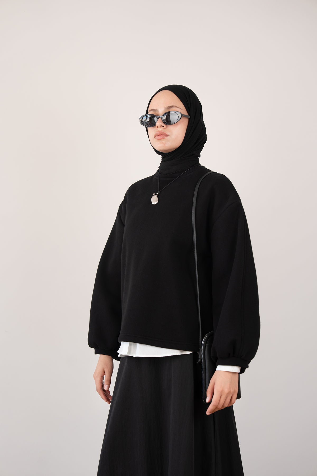 Bomber Kollu Basıc Sweatshirt Siyah
