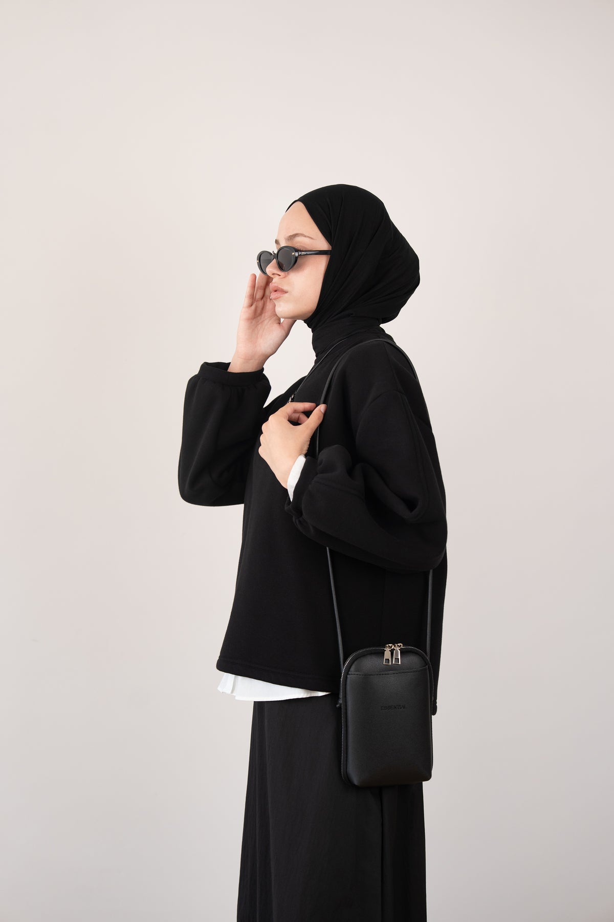 Bomber Kollu Basıc Sweatshirt Siyah