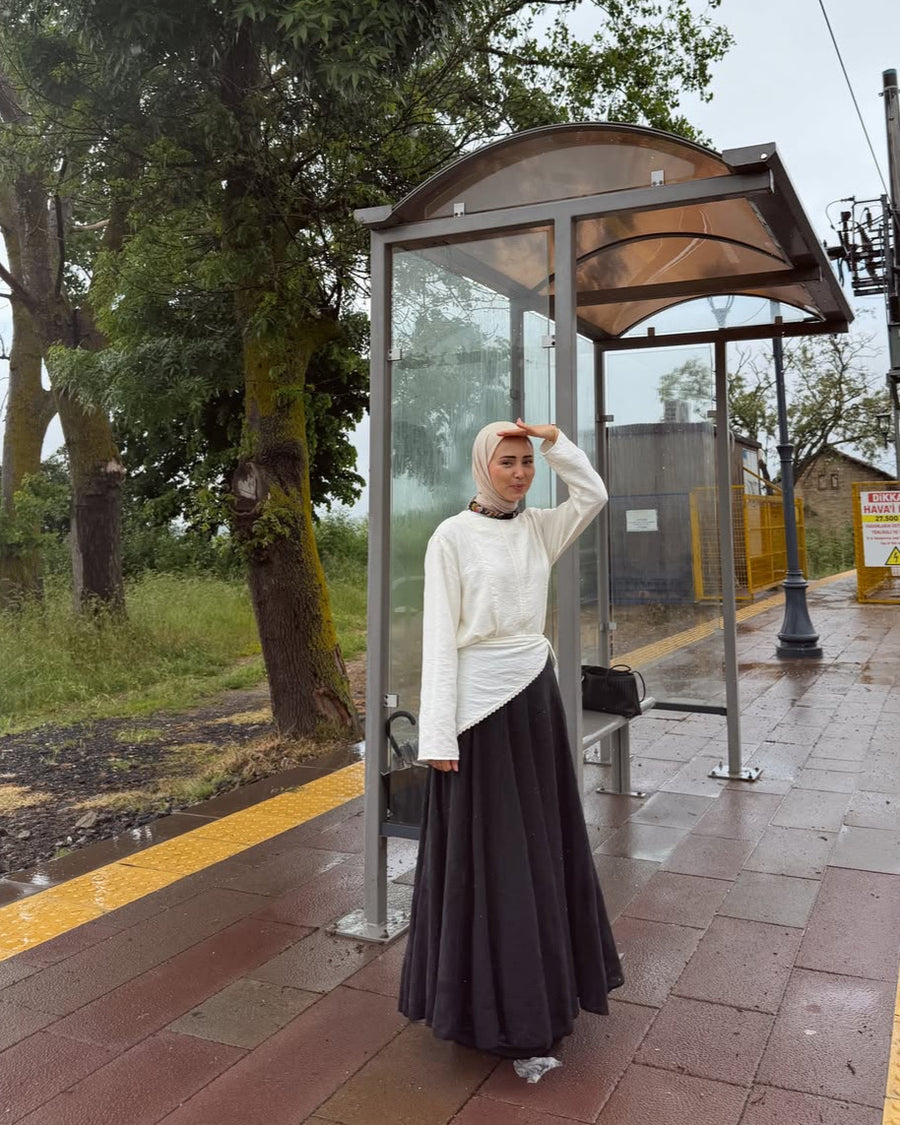Flow Kup Dikişli Modal Etek SİYAH