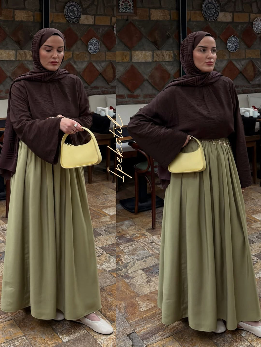 Sık Pileli Pamuk Vual Etek YEŞİL