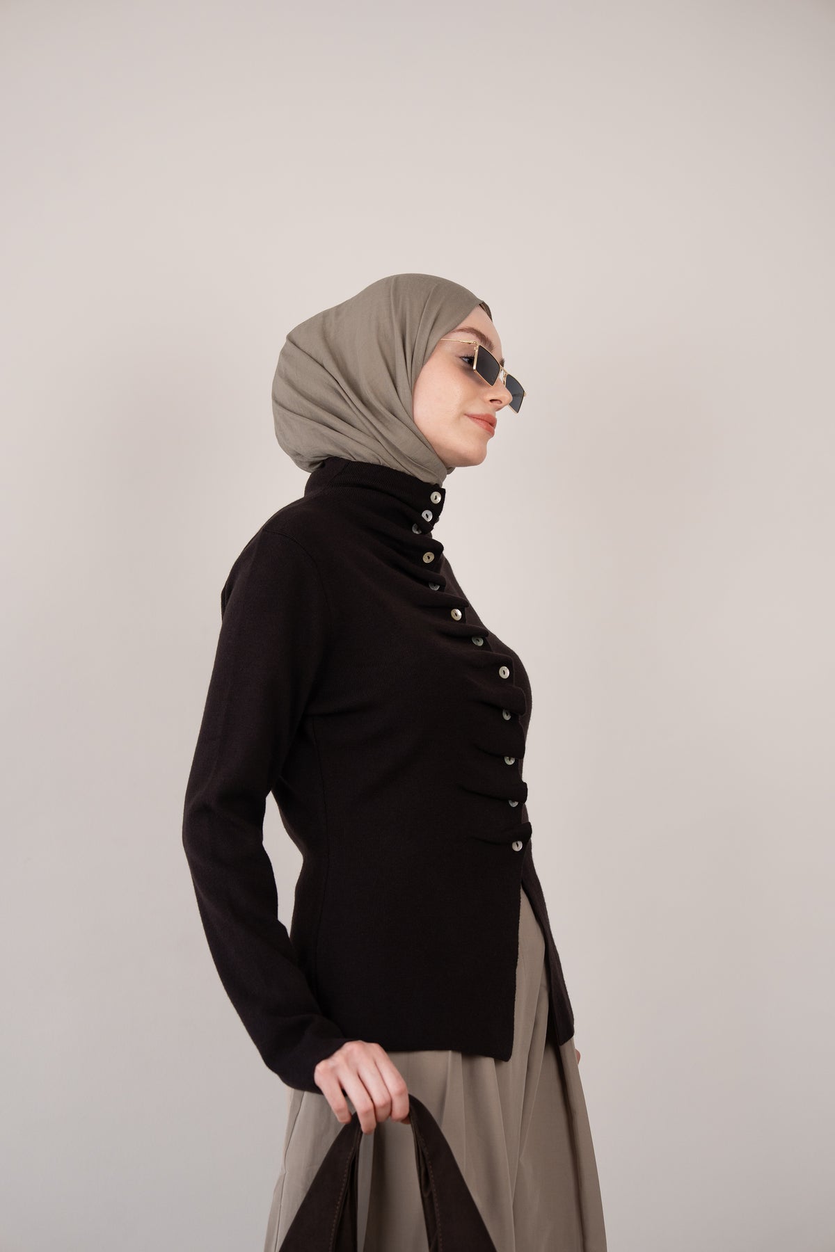 Büzgü Detaylı Hırka KAHVERENGİ