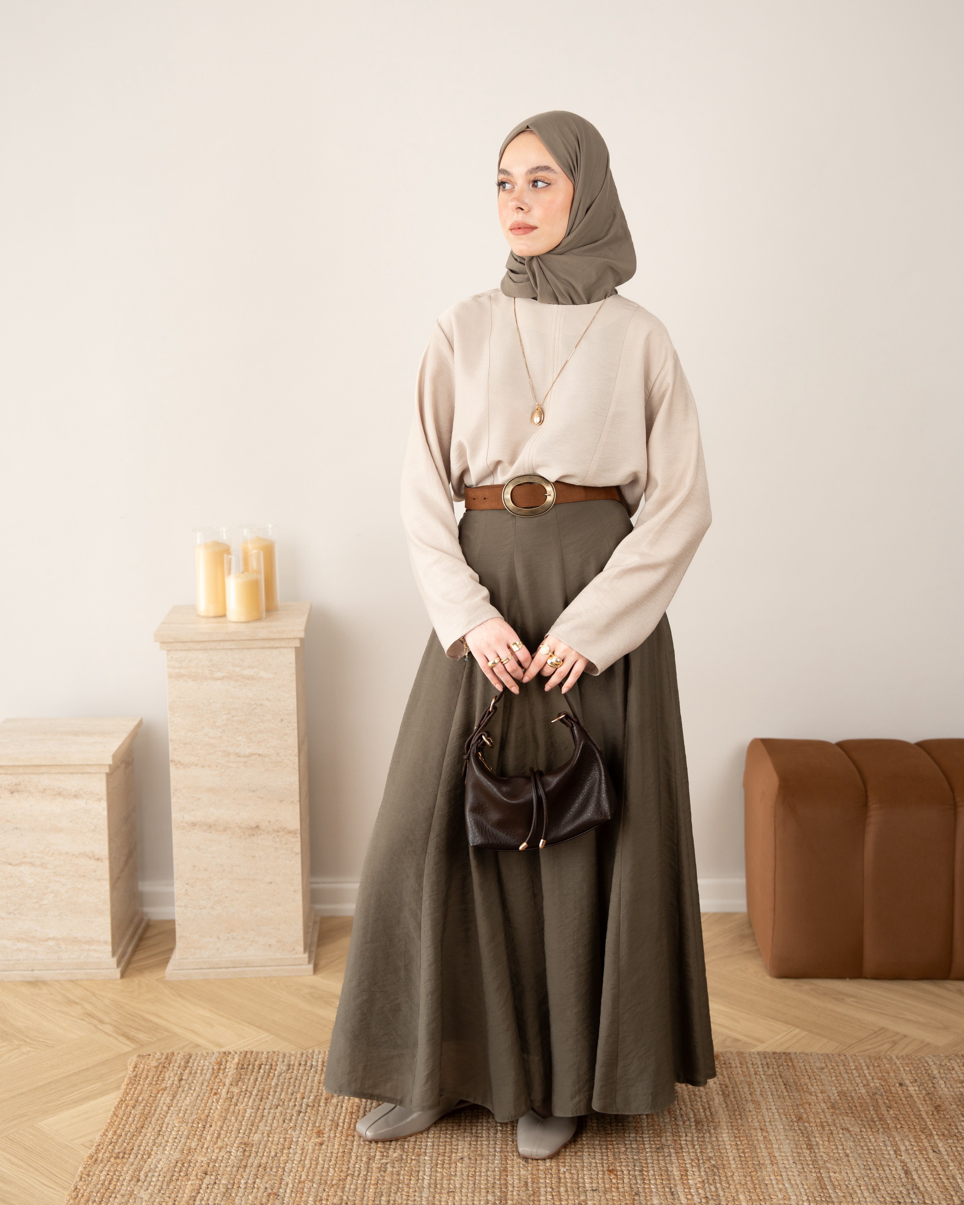Flow Kup Dikişli Modal Etek KOYU VİZON