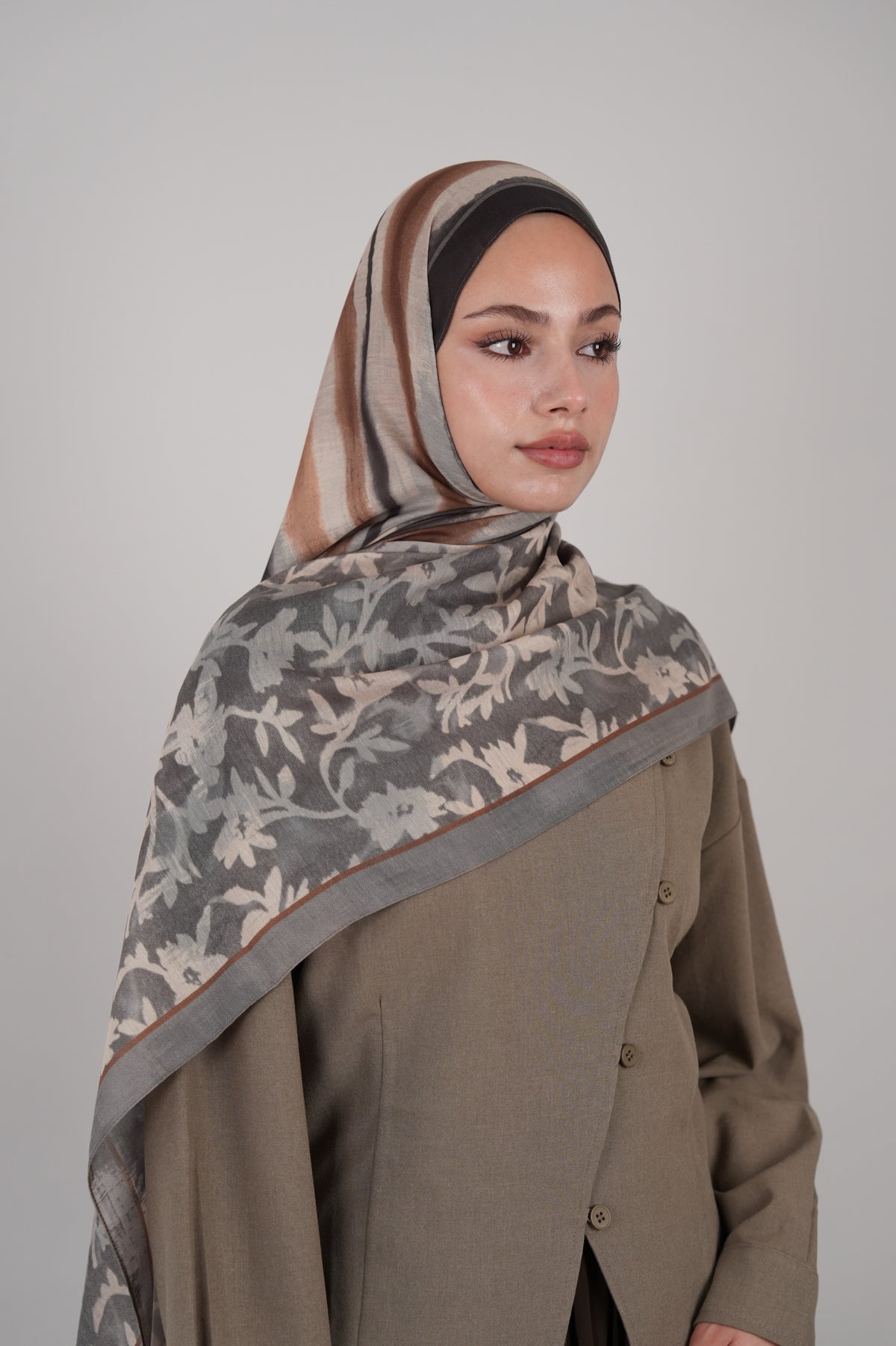 Floral Line Çift Taraflı Şal ANTRASİT