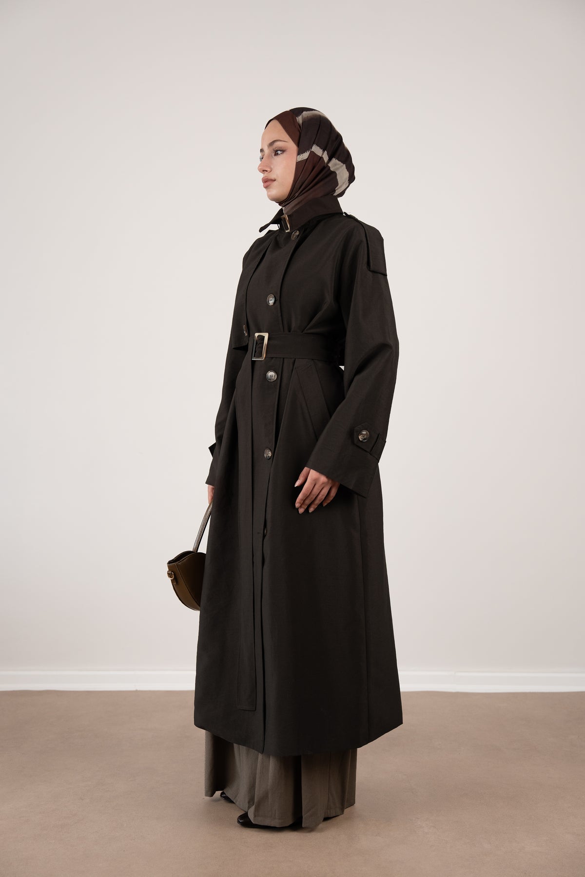 Düğme Detaylı Oversize Trençkot Kahverengi