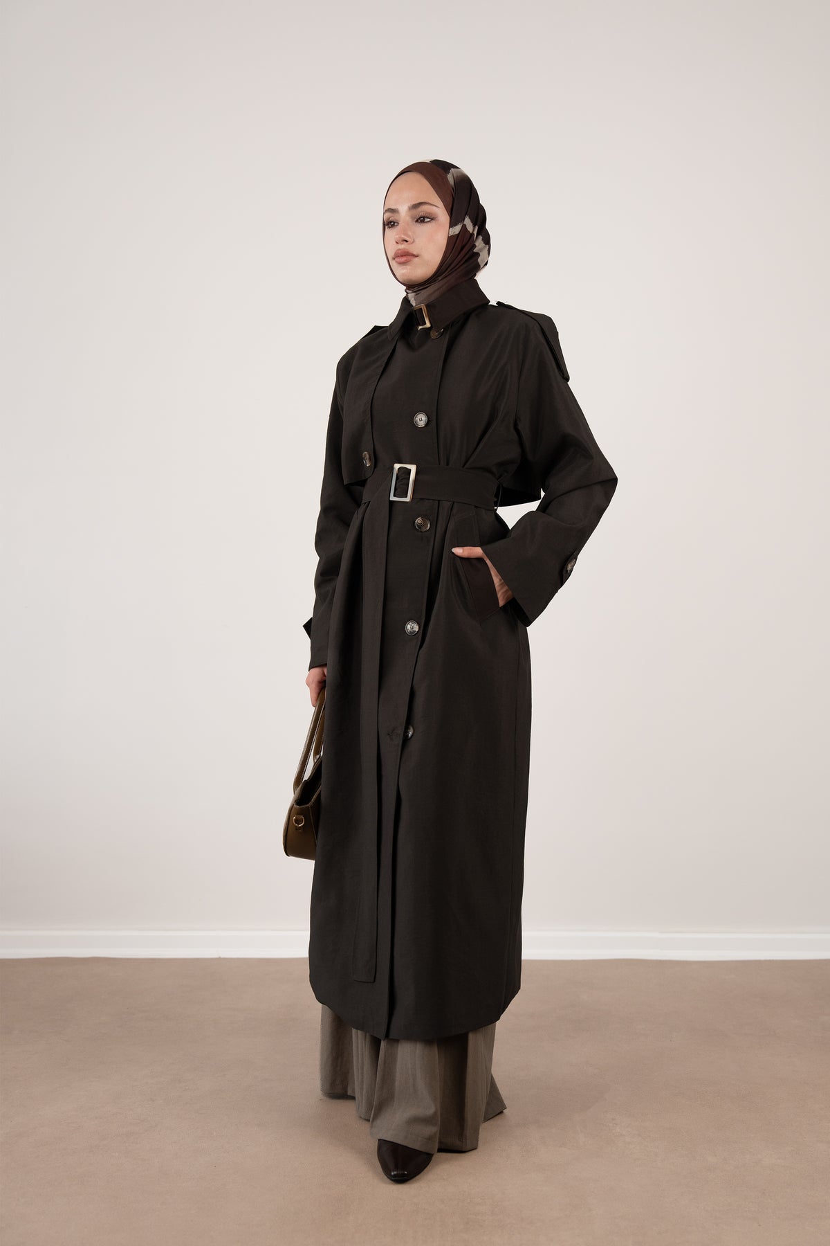 Düğme Detaylı Oversize Trençkot Kahverengi