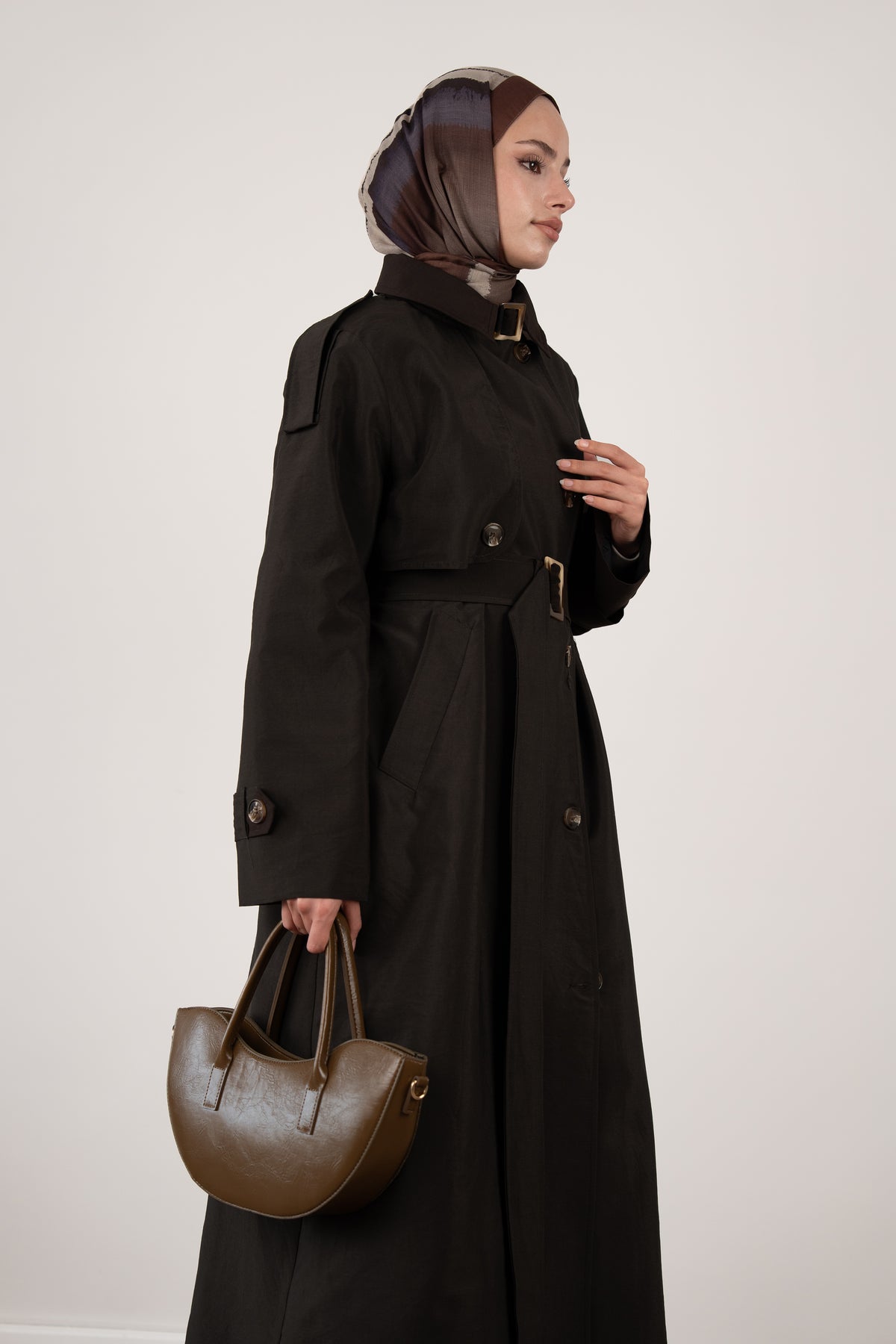 Düğme Detaylı Oversize Trençkot Kahverengi