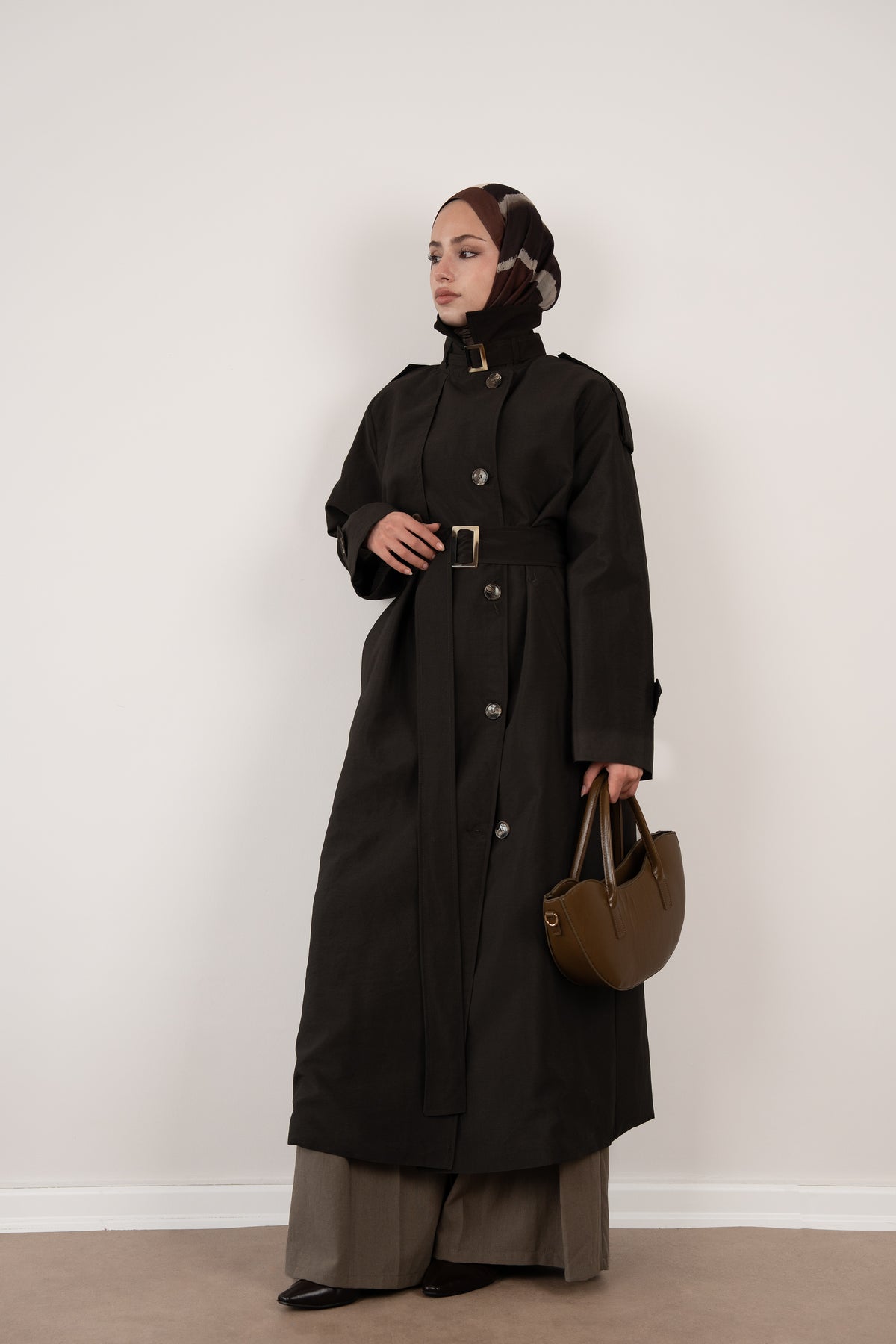 Düğme Detaylı Oversize Trençkot Kahverengi