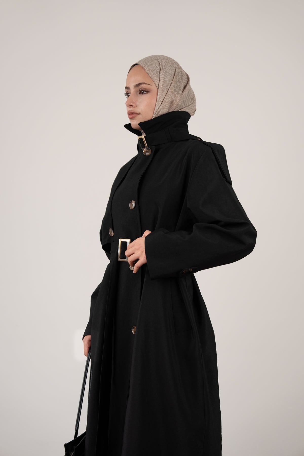 Kemerli Uzun Trençkot Siyah