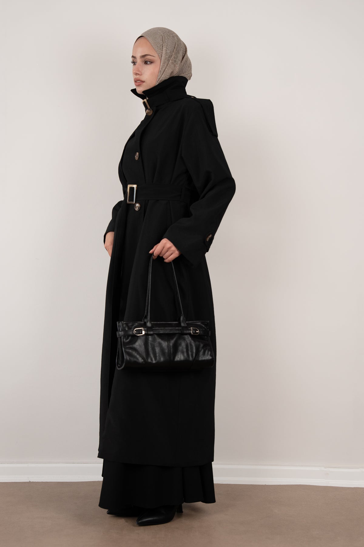 Düğme Detaylı Oversize Trençkot Siyah