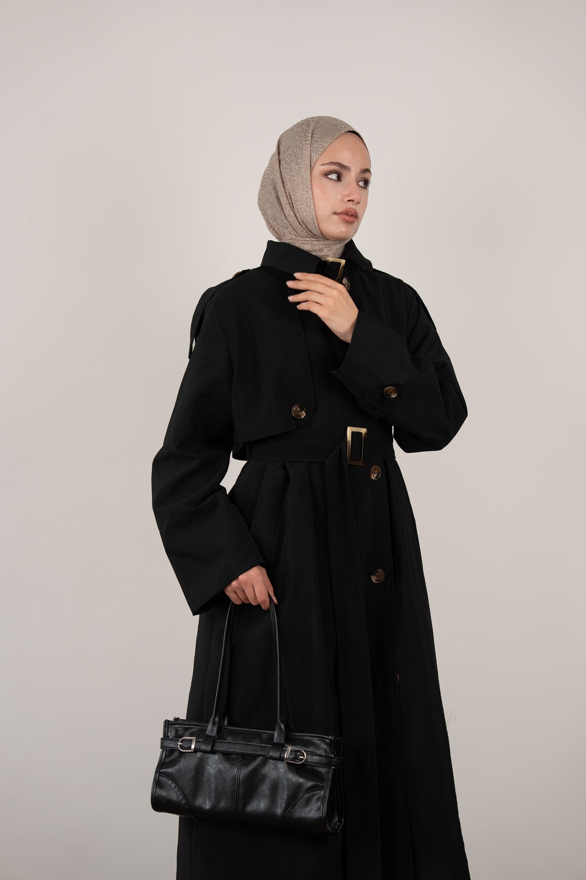 Kemerli Uzun Trençkot Siyah