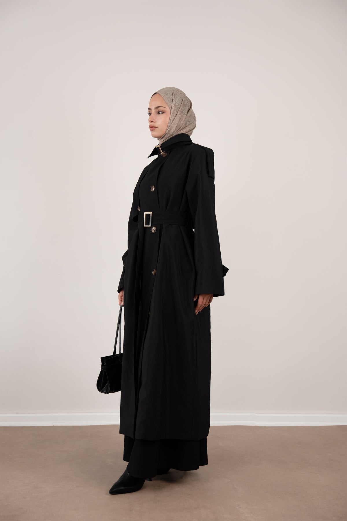 Düğme Detaylı Oversize Trençkot Siyah
