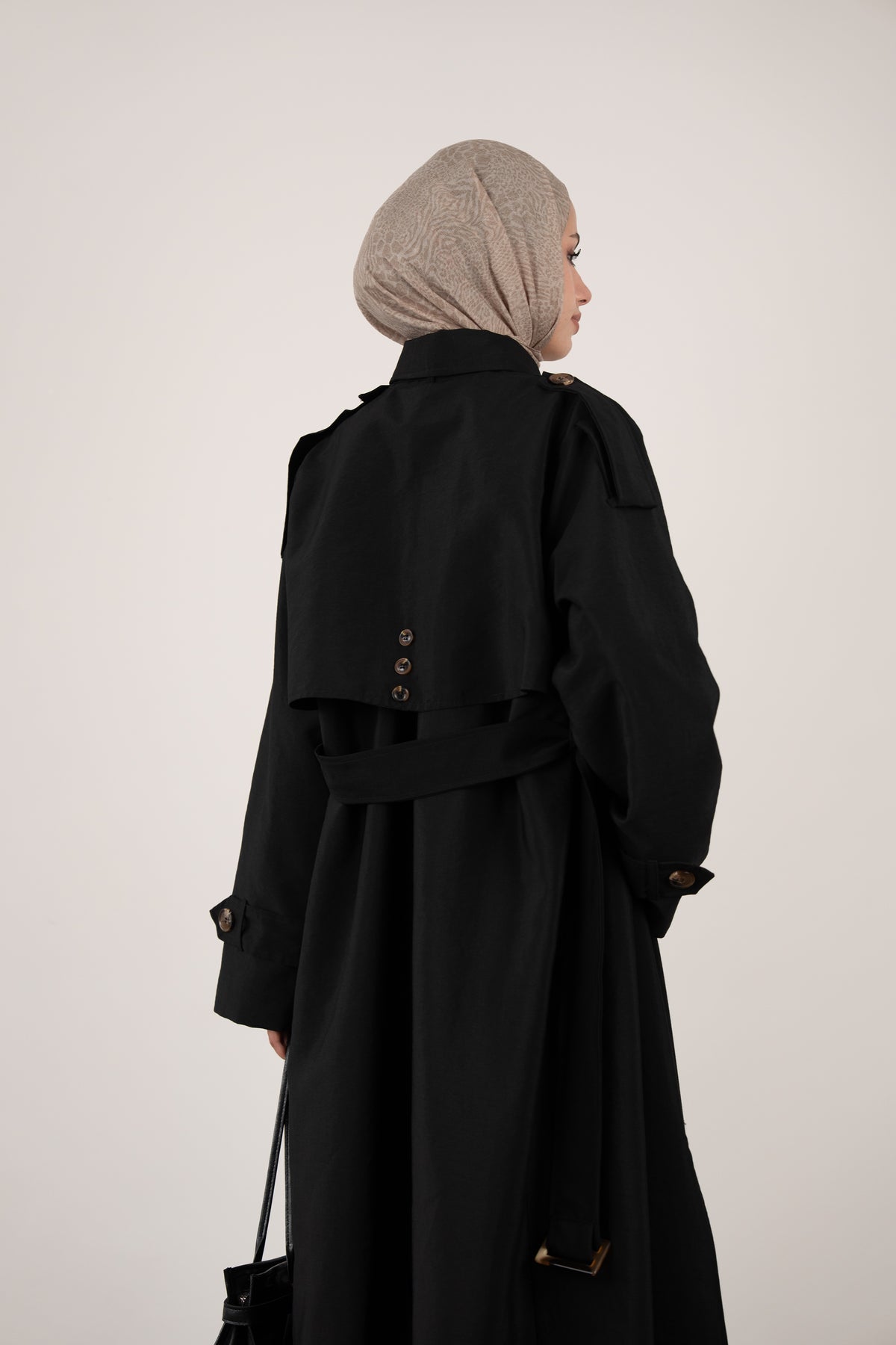Düğme Detaylı Oversize Trençkot Siyah