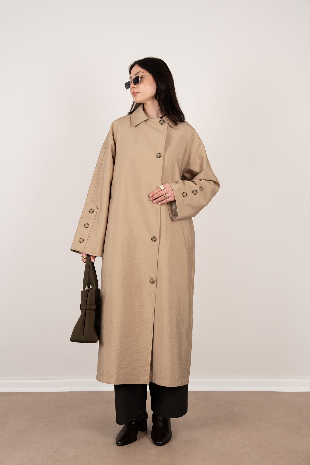 Düğme Detaylı Oversize Trençkot Bej