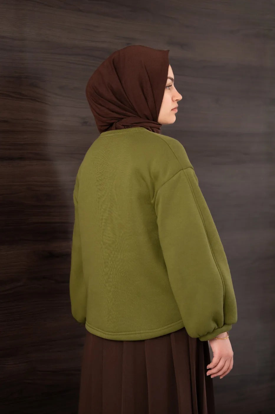 Bomber Kollu Basıc Sweatshirt Yağ Yeşili