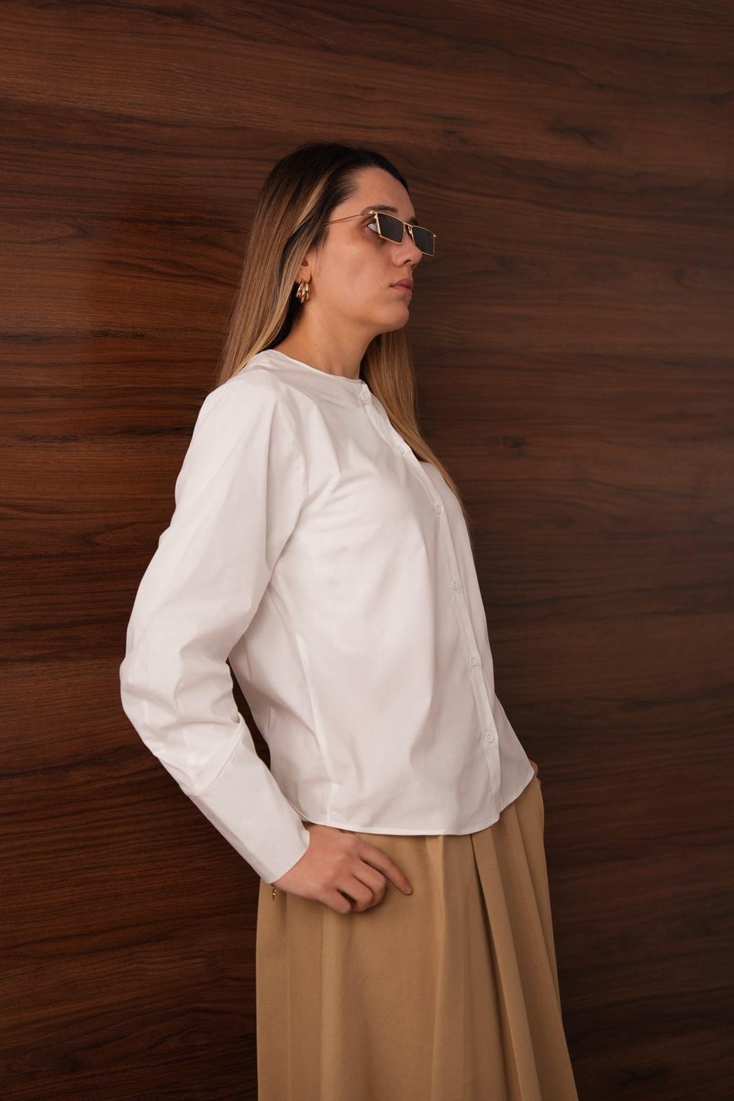 Asimetrik Manşetli Gömlek Beyaz