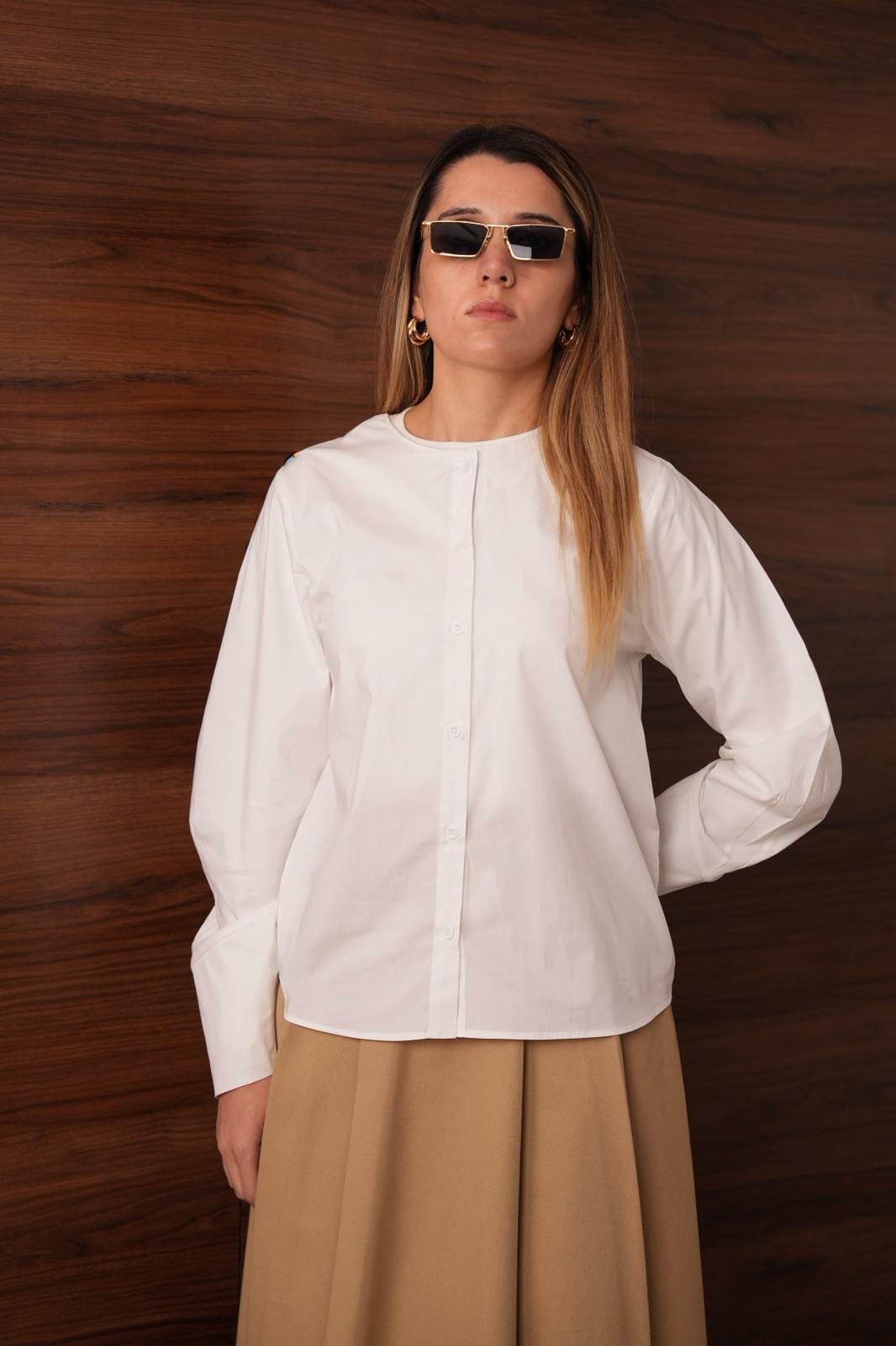 Asimetrik Manşetli Gömlek Beyaz