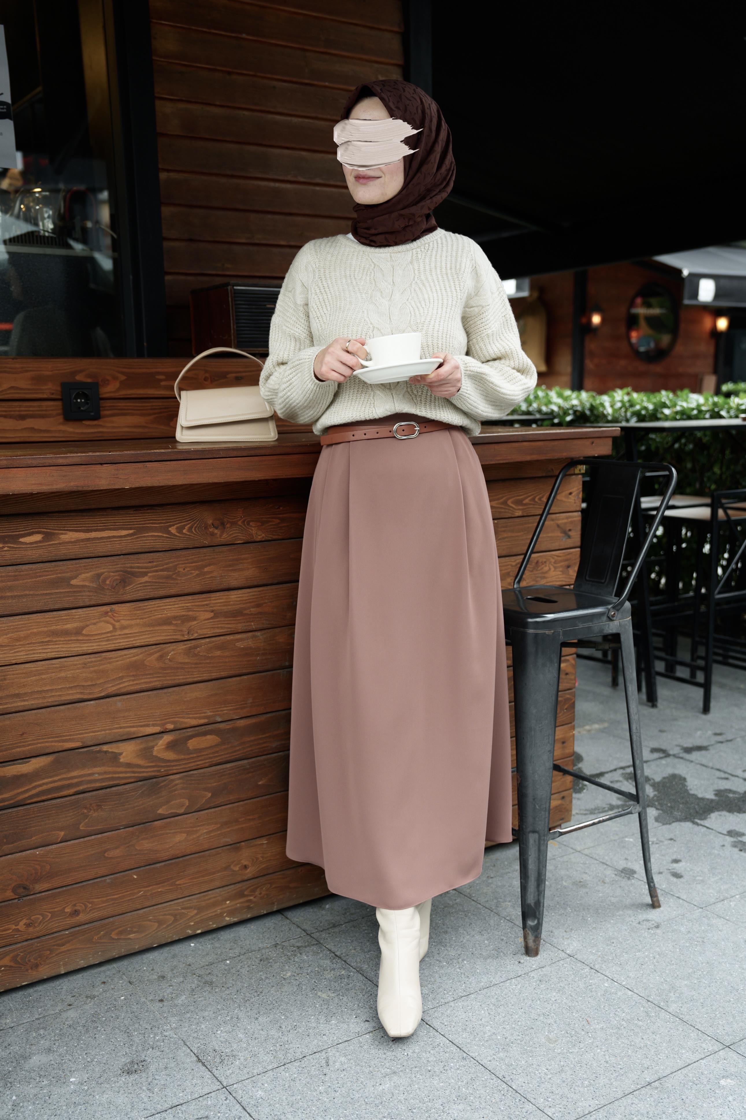 Çift Pileli A Kesim Etek Sütlü Kahve