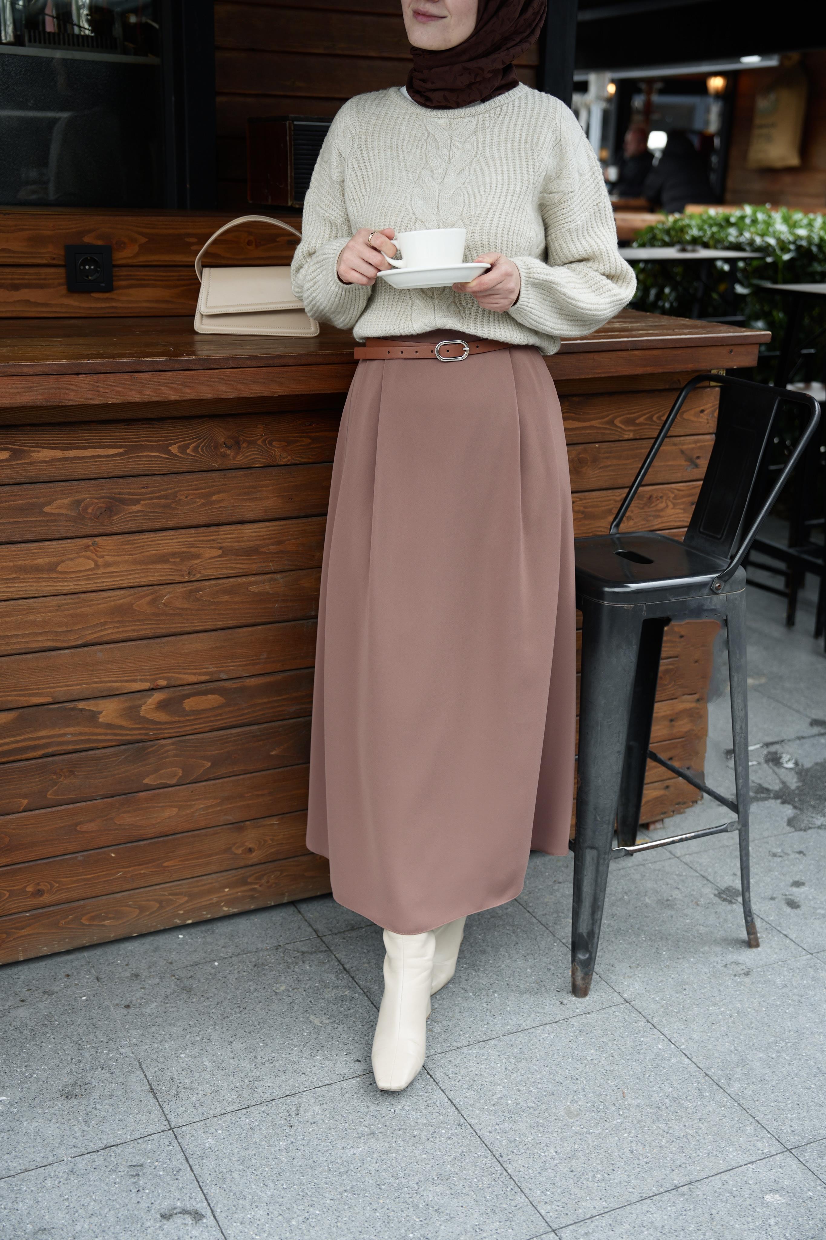 Çift Pileli A Kesim Etek Sütlü Kahve