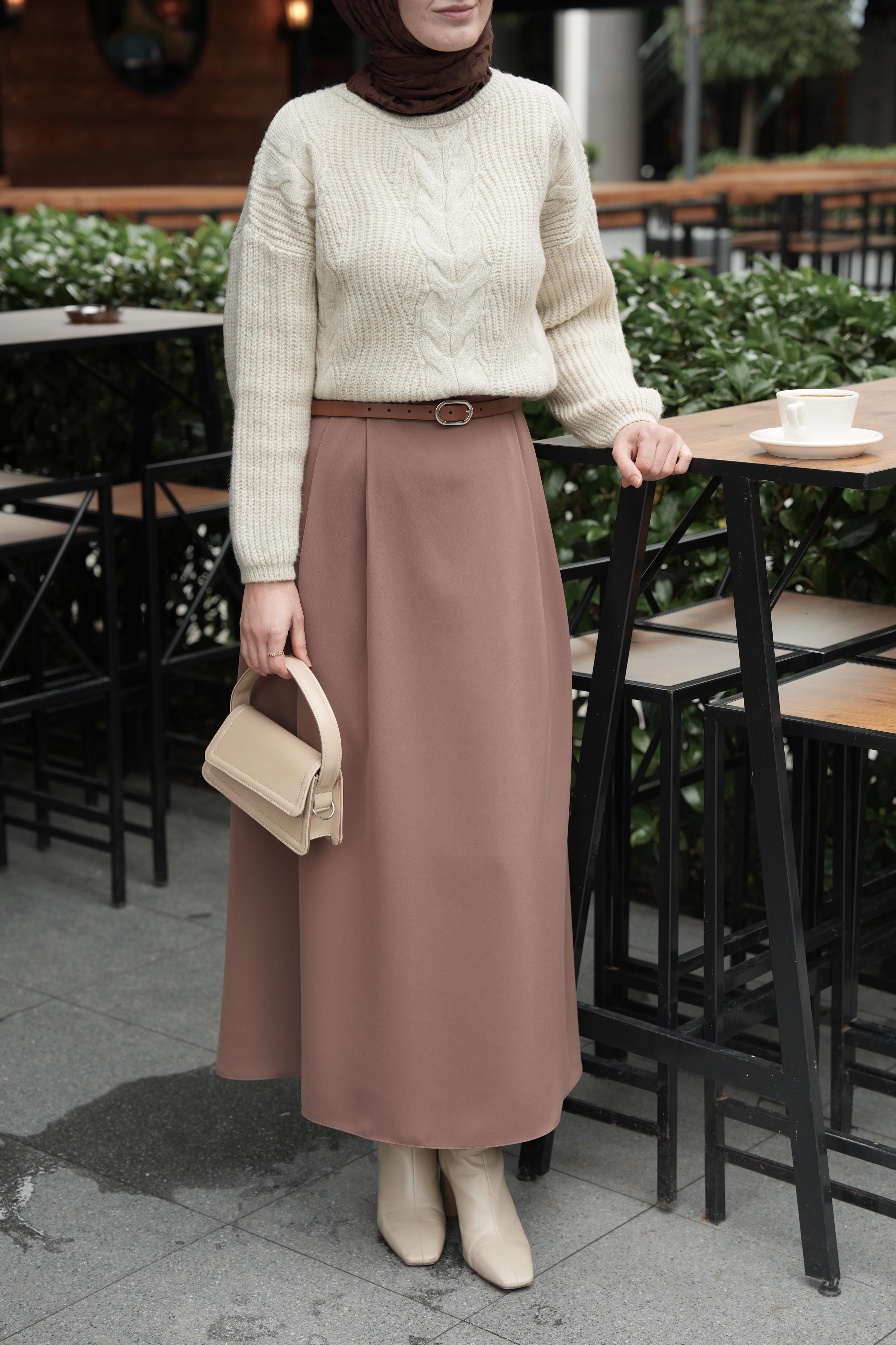 Çift Pileli A Kesim Etek Sütlü Kahve