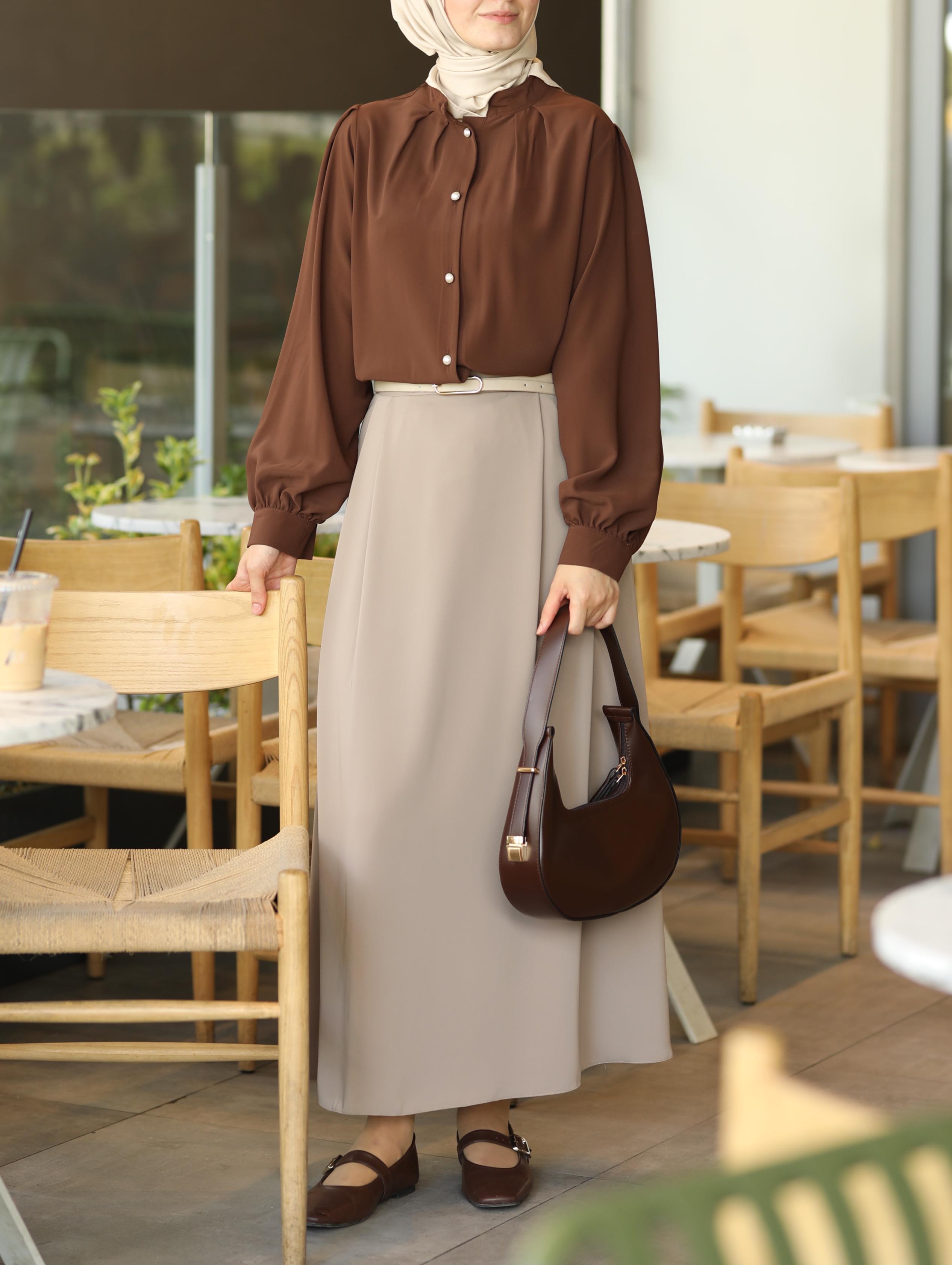 Çift Pileli A Kesim Etek Vizon