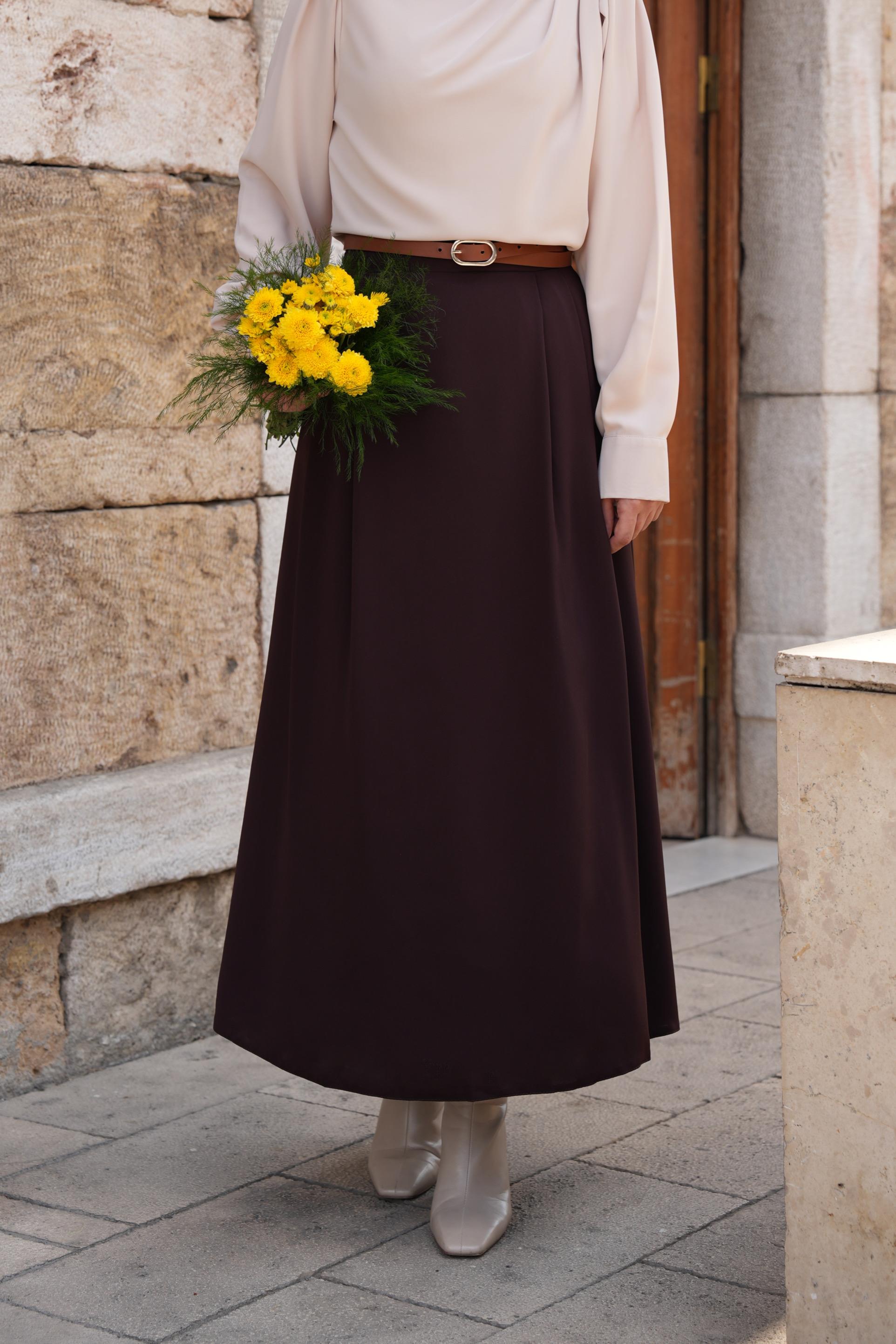 Çift Pileli A Kesim Etek Kahverengi